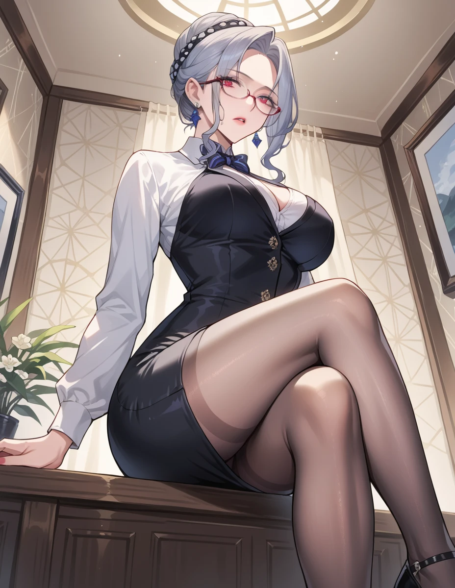 score_9, score_8_up, score_7_up, score_6_up, score_5_up, score_4_up, (solo), female anthro hyena, secretary clothes,mini skirt, lusty, fluffy body, long blond hair, turquoise eyes, (thick thighs:1.5)((( offering the breasts))) sex partial clothes, (((cleavage))) semi-butonned uniform niform, (barely_visible_booba) (she is sitting) , giant breasts, garter belt tights ((low angle view))