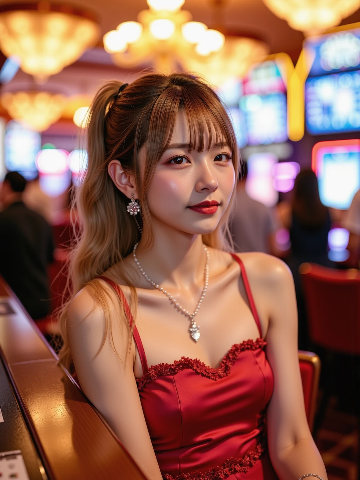 Very realistic, high definition, 4K, Cute Girl , Wearing a white Spider-Man costume., perfect hair:1.5, ponytail, white hair, perfect body:1.5, muscular body, full body view, perfect face:1.5, perfect lips:1.5, perfect eyes:1.5, perfect background, (random background,In casinos,VIP casino room, Modern Casino Console, Modern Slot Machines )