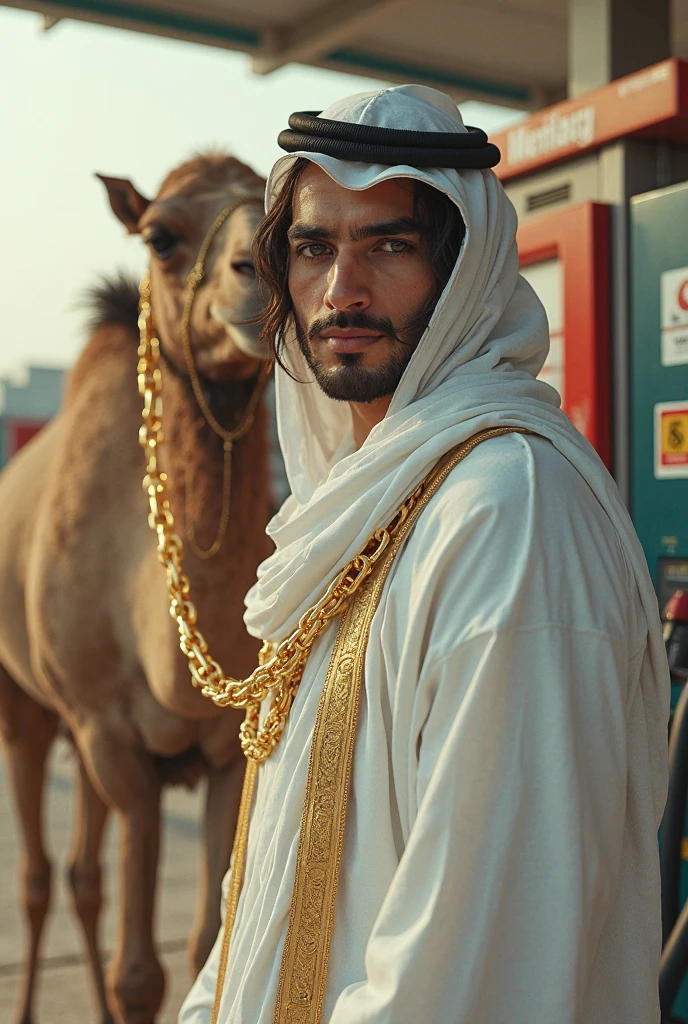 a beautiful model cyberpunk criminal young man, strong muscular man, dark hair, grey eyes, tattooed, short beard, standing in a desert oasis, bare chest, Arabic turban, white linen trousers, looking away from camera, standing next to a camel, one hand behind head