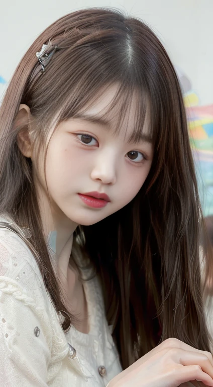 Gorgeous young Korean woman posing for photo in white sports bra top, surreal painting inspired by Aeon Andreescu, sports bra and soft white tight tracksuit, clear and cute smile, clear face, Korean female idol