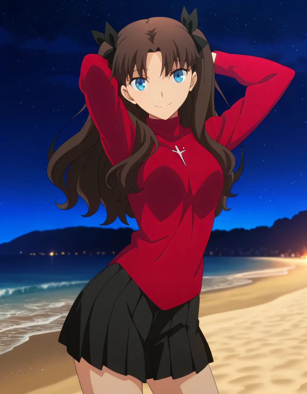 RinSweater, anime screencap, masterpiece, best quality,
brown hair, two side up, parted bangs, blue eyes, hair ribbon, black ribbon,
turtleneck sweater, red sweater, black skirt, long sleeves, pleated skirt,
high quality, solo, cowboy shot, (contrapposto), arms behind head, closed mouth, smile, night sky, beach, looking at viewer, best quality