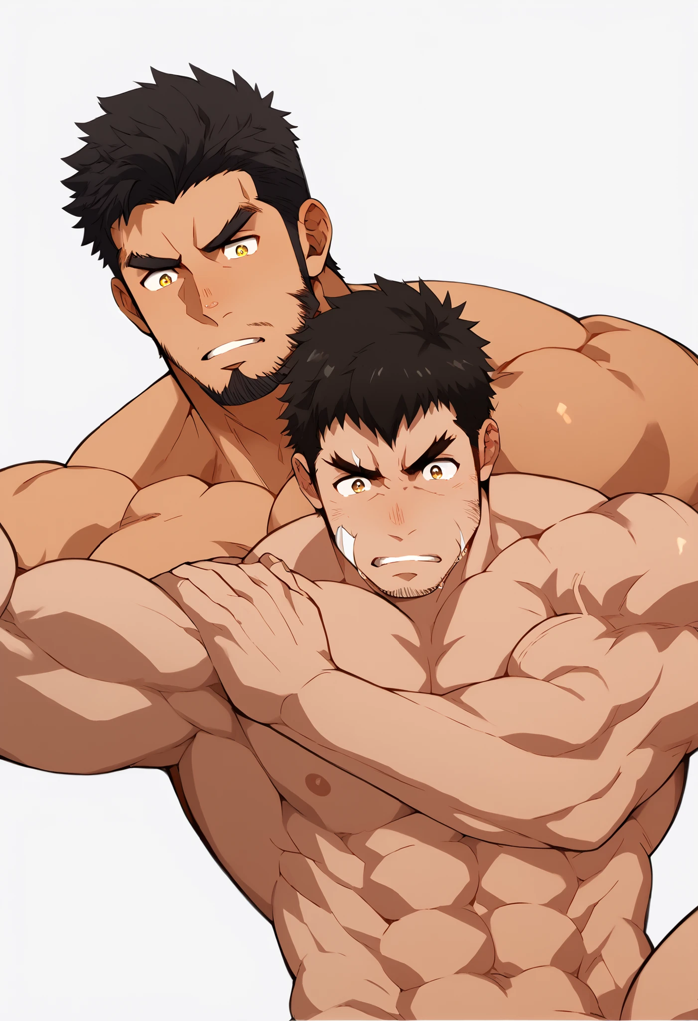 Anime Characters : male , tanned skin , maleらしさ, male性重視, Muscle Development male, Muscle Development , maleが一人,Dandy , Alone , black short hair, Messy Hair , Thick eyebrows, Stubble, brown eyes , simple background , amazing quality , Masterpiece , Best Aesthetics, Smart Student , cut in inches , Separate lips , Face in agony with severe pain , dirty face , top quality , Muscle Development characters , upper body , beard , Karate , abs, score_9,score_7_up,score_6_up,score_5_up,score_4_up,zabaniyya \(housamo\), muscular, 1boy, male focus, bara, thick thighs, muscular male, stubble, solo, facial hair, thighs, nude, pectorals, black hair, yellow eyes, frown, large pectorals, mature male, thick eyebrows, transparent background, bulge, thick arms, tight, manly, muscular wrestlers, no clothes, no pants, front view, nude