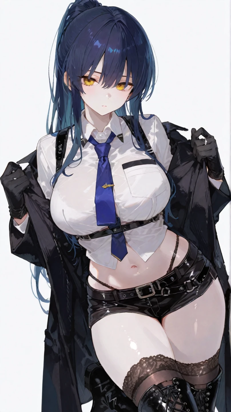 1girl, black_bra, black_panties, bra, breasts, head_out_of_frame,blue jacket, lace, lace_trim, long_hair, medium_breasts, mole_on_breast, navel, open_clothes, open_jacket, panties, panties_under_pantyhose, pantyhose, police, police_uniform, short_sleeves, solo, underwearal_youtuber, yellow_eyes,