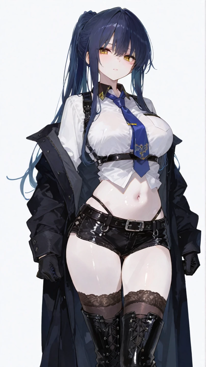 ((Best quality)), ((masterpiece)), 1 girl, sexy, stylish, mature, elegant, evil, sharp jawline, dressed in a silver-blue long coat and black translucent stockings, big , shirtless, braless, black sexy panties, blue colored inner hair, smooth shiny skin.