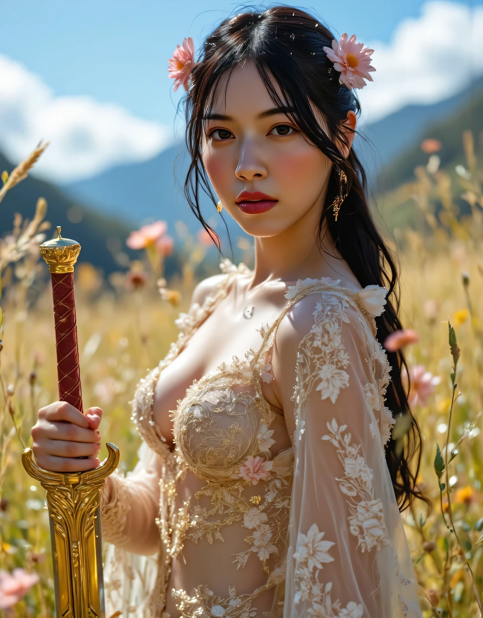 Professional , masterpiece、top-quality、photos realistic , depth of fields (Gemstone Silver Metal Body:1.9),(Matte Silver、Jewel Gold Weapon、(Gorgeous castle background)、Holding the Sword of Heroes、(Jewel White Metal Body:1.4),((Gorgeous Jewel Metal Weapons)) , Fighting、((Holding the Sword of Heroes)) ,(close-up,dream magical,tornado ) ,(Micro Bikini Armor),warhammer 40k , adepta sororitas,Detail and ornate jewel crown、Brown hair、Mystical expression、(Gangle's forest background)、1a person、dynamic ungle,(((Diamond tiara with detail and luxury)))、a small face、A smile、Powerful poses、(Gorgeous castle background)、huge filesize、20 year old beautiful woman、Thin female fingers、Straight long hair、Beautiful Japan person々The beauty of、Mystical expression、Lightly open your mouth、,Luminescent particles,light scattering,Tindall Effect、Fighting、Twin tail hair、