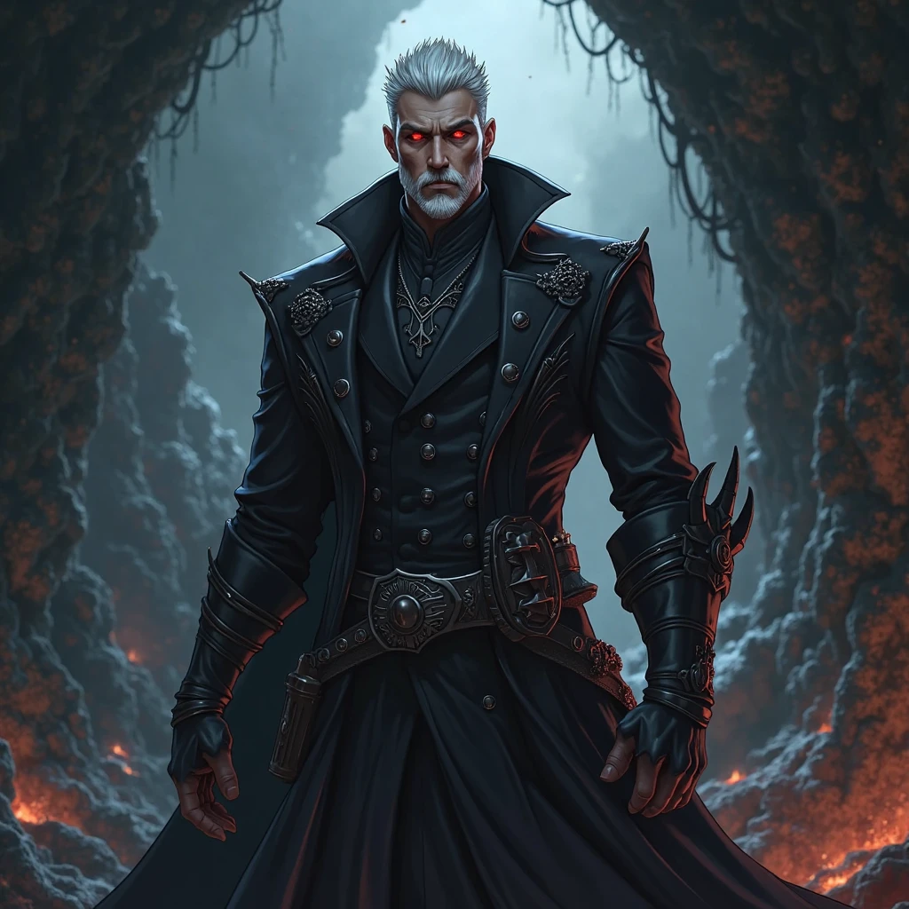 The Demon Hunter is a young man with black hair and a beard,Wearing a large black trench coat with a black pattern。The demon hunter threw the blood slave fangs in front of the white-haired old man,Dark theme, optic, fanciful。