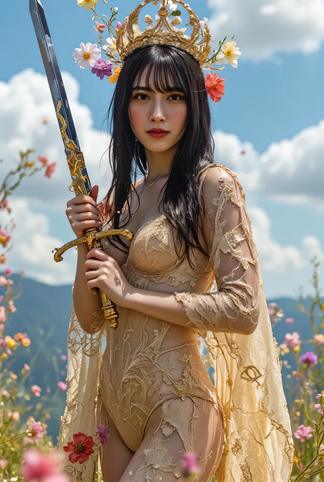 (((long shot:2.0))),(((Spring Vast Prairie:2.0))),((blue sky:2.0)),((stand with legs open:2.0))),(((Fantasy Atmosphere:2.0))),(((holding a beautiful golden sword in one hand:2.0))),standing,((full body:2.0)),one woman,(cute face:1.5),(Beautiful well-balanced face :1.5),((long hair with bangs:2.0)),(black hair:1.5),(Beautiful Eyes:1.3),20-year-old Japanese woman wearing bright red paint all over her head,Beautiful slender body,((model body type:2.0)),((slim body:1.7)),Perfect Body Line,Ideal Proportions,((big breasts:2.0)),((スリーサイズ90-58-86:2.0)),((G Cup Breasts:2.0)),( popup:2.0),(Bare thighs:1.3),Sensual Thighs,delicate body,(succulent:1.7),harmonious posture,((Realistic breast depiction :1.7)),carefully depicting limbs based on perfect anatomy,((Elf King Style Golden Super Hi-leg Leotard:2.0)),((Gold Super Hi-leg Leotard made of lace integrated with the body:2.0)),((lace cloak adorned with colorful flowers with an open front over a leotard:2.0)),(pastel colored cloak with fine embroidery:2.0),(((Crown made of flowers:2.0))),(pointed ears:1.3),((((light purple fishnet tights with a rough mesh:2.0)))),nipples made of flowers,CONCEPT ART,(Best Quality:1.5),(masterpiece:1.5),(超高resolution),resolution,UHD,(Delicate Description), carefully drawn with butterfly wings ,32k,((realistic skin texture that shows through the whole body:1.5)),(((super realistic:1.5))),carefully draw eyelashes,very detailed face,Highly detailed female hand, Sexy appearance ,very sensual,(Blurry Dim Backgrounds :1.5),Professional Photography,(movie lights:2.0),((Lord of the Rings style lighting:2.0))