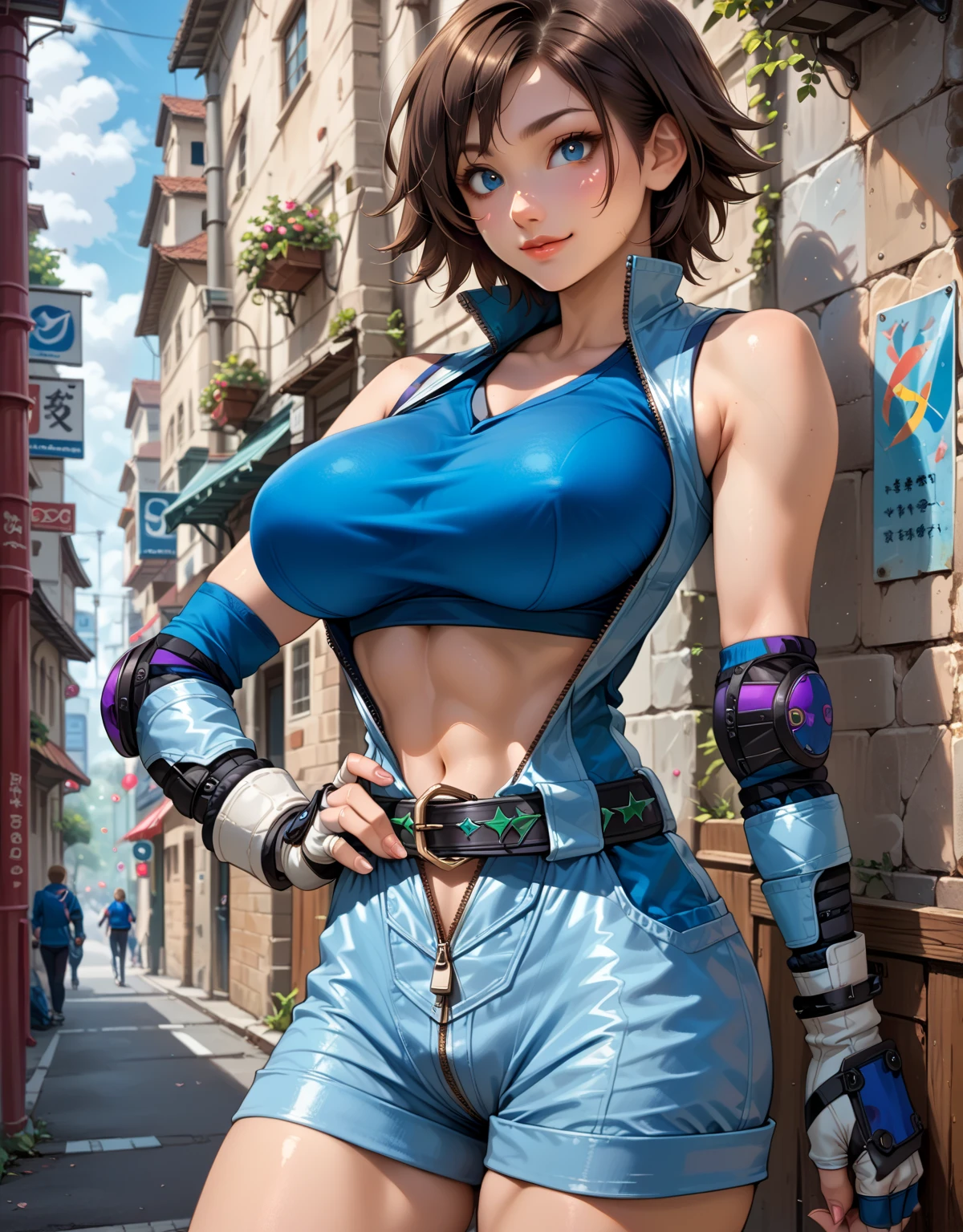 ultra-realistic 8K CG, masterpiece, ((ultra detailed background, fine drawing, intricate details, high detail, better quality fine details, hyper-detailed face)), (photorealistic: 1.4), beautiful lighting, absurdity, RAW photo, film grain, TyLee, 1girl, solo, brown hair, braid, smile, long hair, brown eyes, navel, belly, braided tail, (short shorts, wet shirt), (medium breasts, slim girl, wide hips, ass), squats, spread legs,  ((complex detailed background, outside, medieval background, blue sky, tavern)), erotica, wet skin