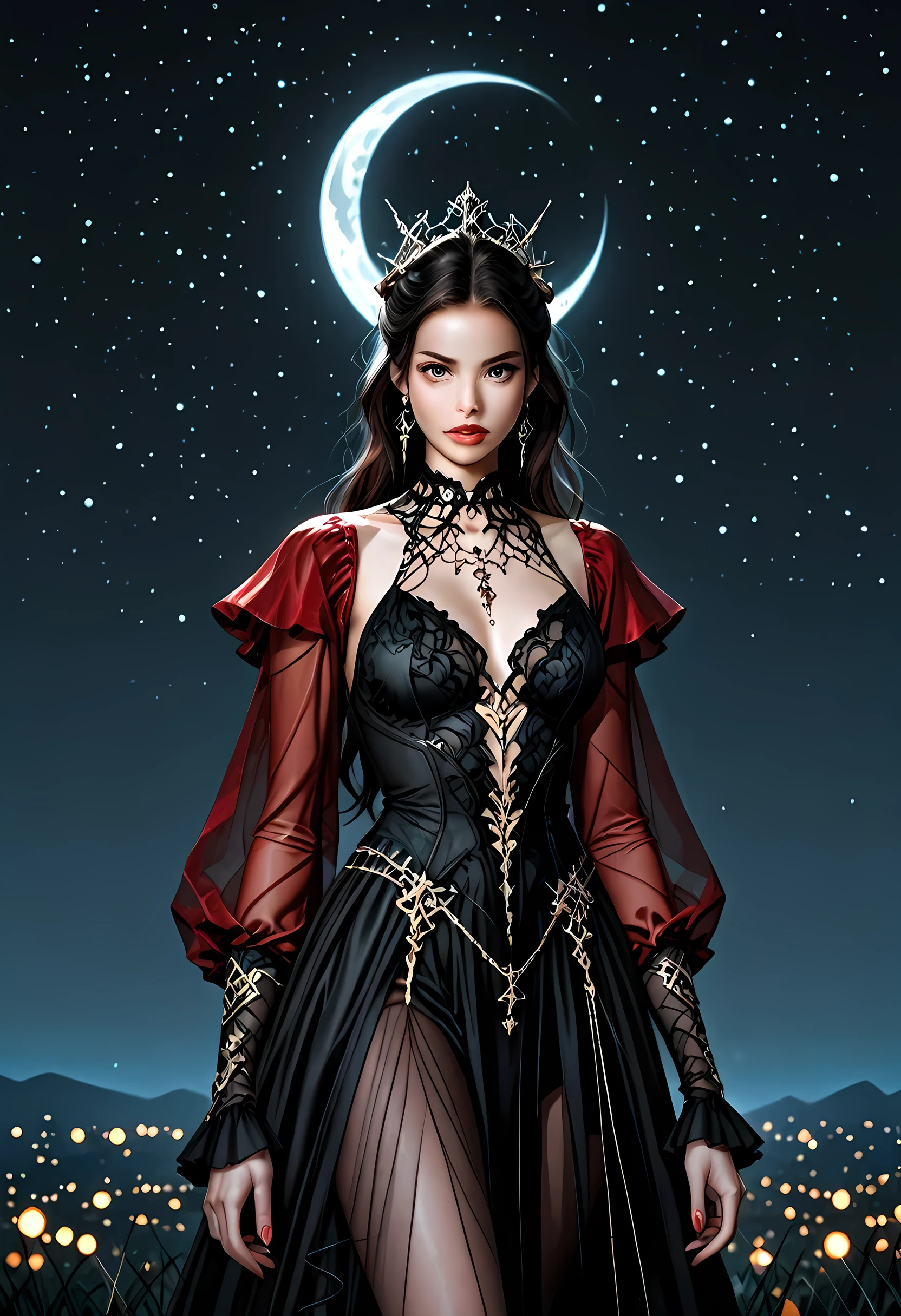 a picture of woman wearing transluminescent dress, black silk dress, intricate dress, transparent dress, red sleeves, fantasy art, night time, the moon rises, creating a silhouette, fantasy, Cinematic shot, LOAsuccXL, ace up stilettos
