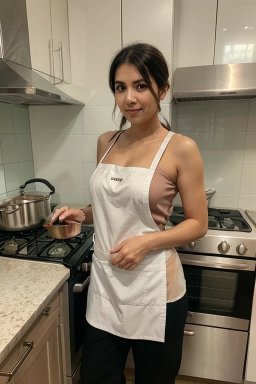 young arabic woman, blond medium hair, brown eyes, 32 years old, artist, smile, cooking, wearing apron