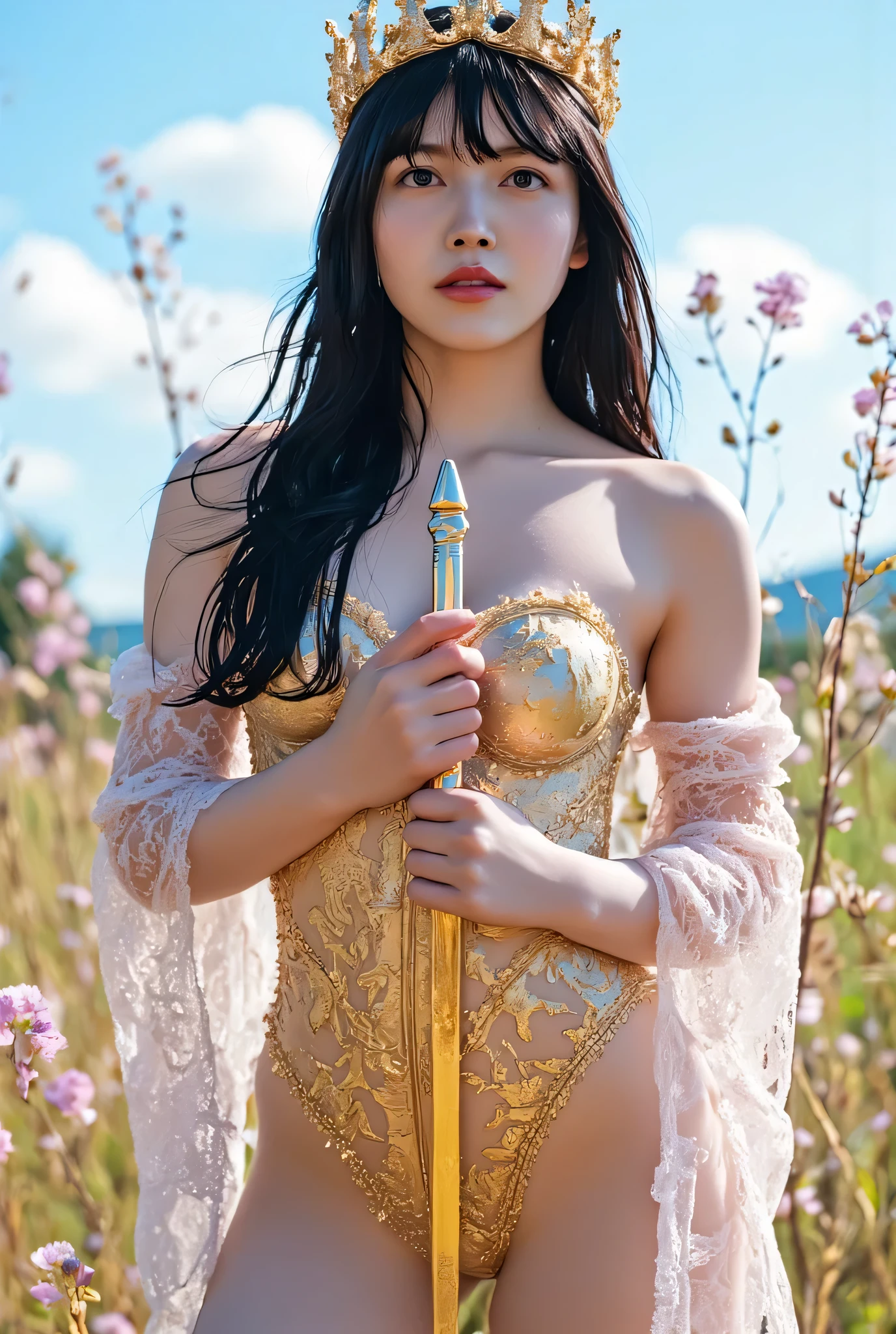(Raw photo:1.2), (realistic), beautiful detailed girl, highly detailed eyes and face, thin and beautiful eyes, huge file size, High resolution, very detailed, highest quality, [table top:1.6], shape, very detailed, small details, highest quality, 8k wallpaper, movie lighting, Japanese female heroine of RPG game, under the dark sky, In the empty wilderness, Hold the sacred sword in your hand and raise it in the sky, A ray of light is emitted from the tip of the sword., The light output from the sword pierces the dark sky., heroine in underwear, The white bra is visible, white panties are visible, young face, slender body, short cut hair fluttering in the wind, small breasts, exposed underwear, A scene from the game, fighting heroine, Battle in underwear, Desolate wilderness, thundercloud, severe thunderstorm, 