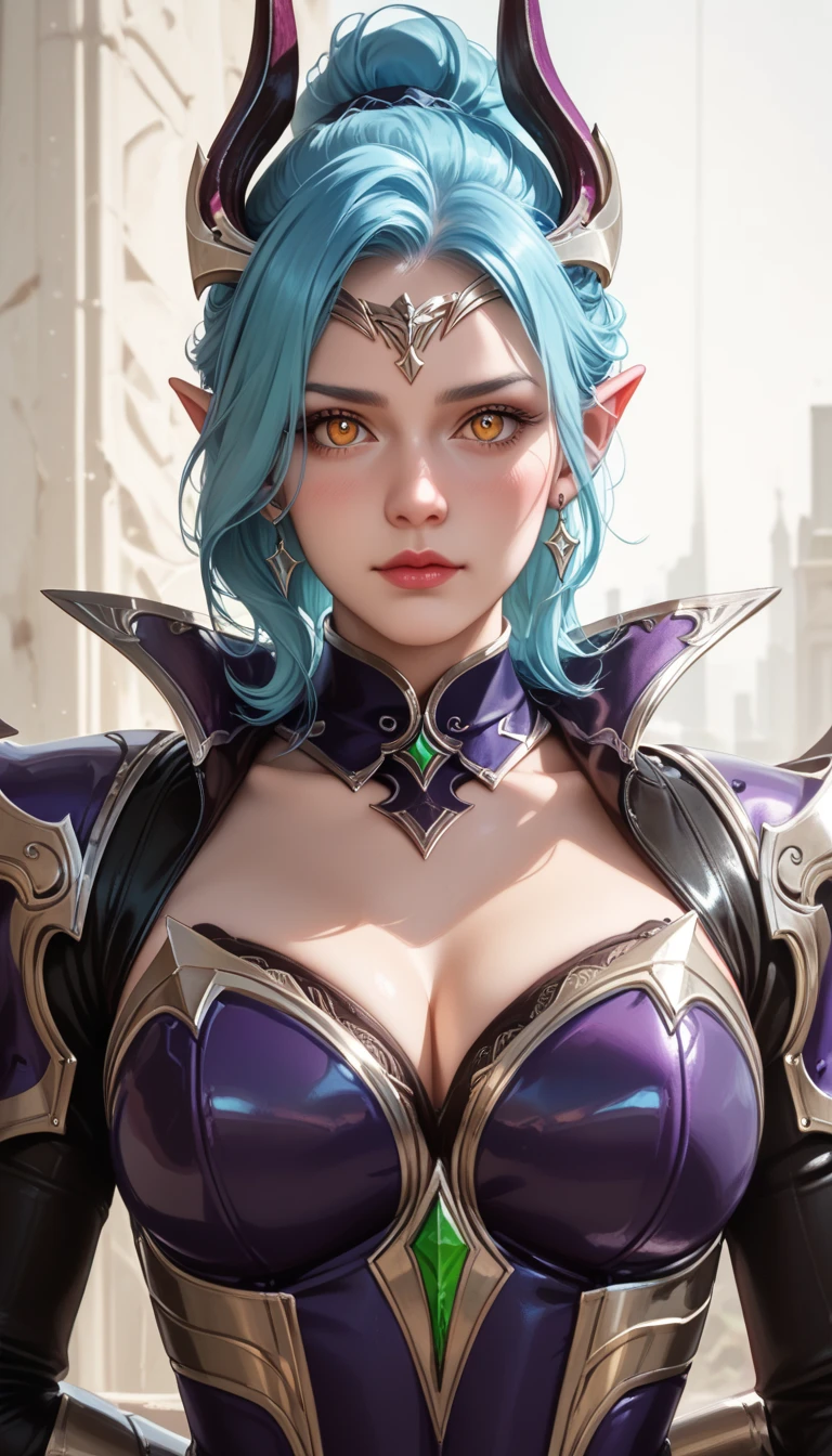Ancient , Zephyria race, queen azelf, blue hair, red eyes, looking at viewer, ancient armor,