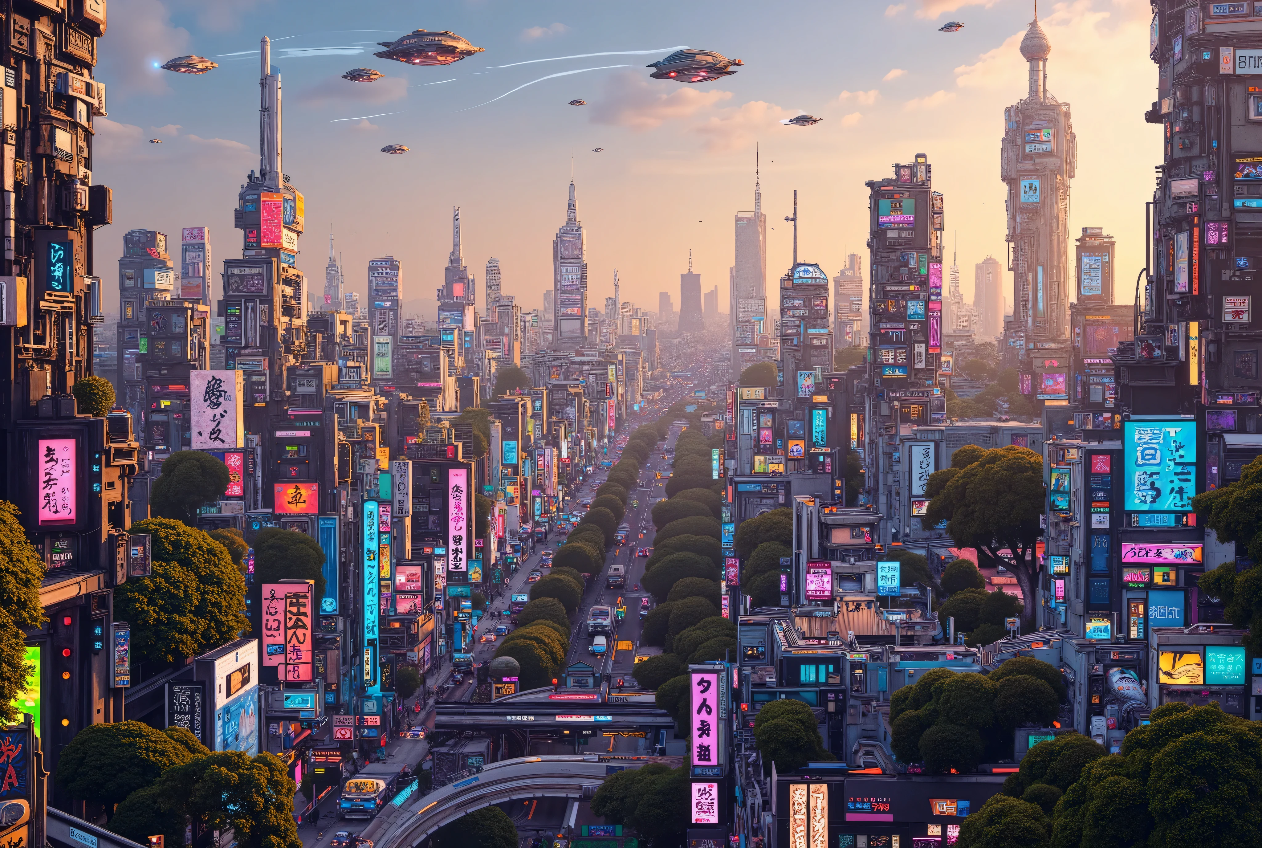 Bird's eye view of a neon-lit cyberpunk city on another planet during the morning. The city features a unique blend of Edo-period Tokyo architecture, including traditional Japanese castles and manors, with brutalist futuristic buildings. The streets are bathed in the soft light of the rising sun, casting long shadows across the vibrant neon signs and glowing cityscape. Hover cars and futuristic buses move along the bustling streets, while a sleek, elevated metro rail system weaves through the cityscape, gliding between towering futuristic structures. Patches of lush gardens are scattered amidst the urban landscape, creating a contrast with the harsh, geometric architecture. Japanese castles with sweeping rooftops and ornate details rise amidst the skyscrapers. 2 Spaceships with blinking lights fly in the sky, leaving trails as they pass over the city. The city sprawls under a clear sky, with distant lights fading and the towering structures coming to life with daylight, adding to the atmosphere of a bustling, otherworldly metropolis. edo castles scattered