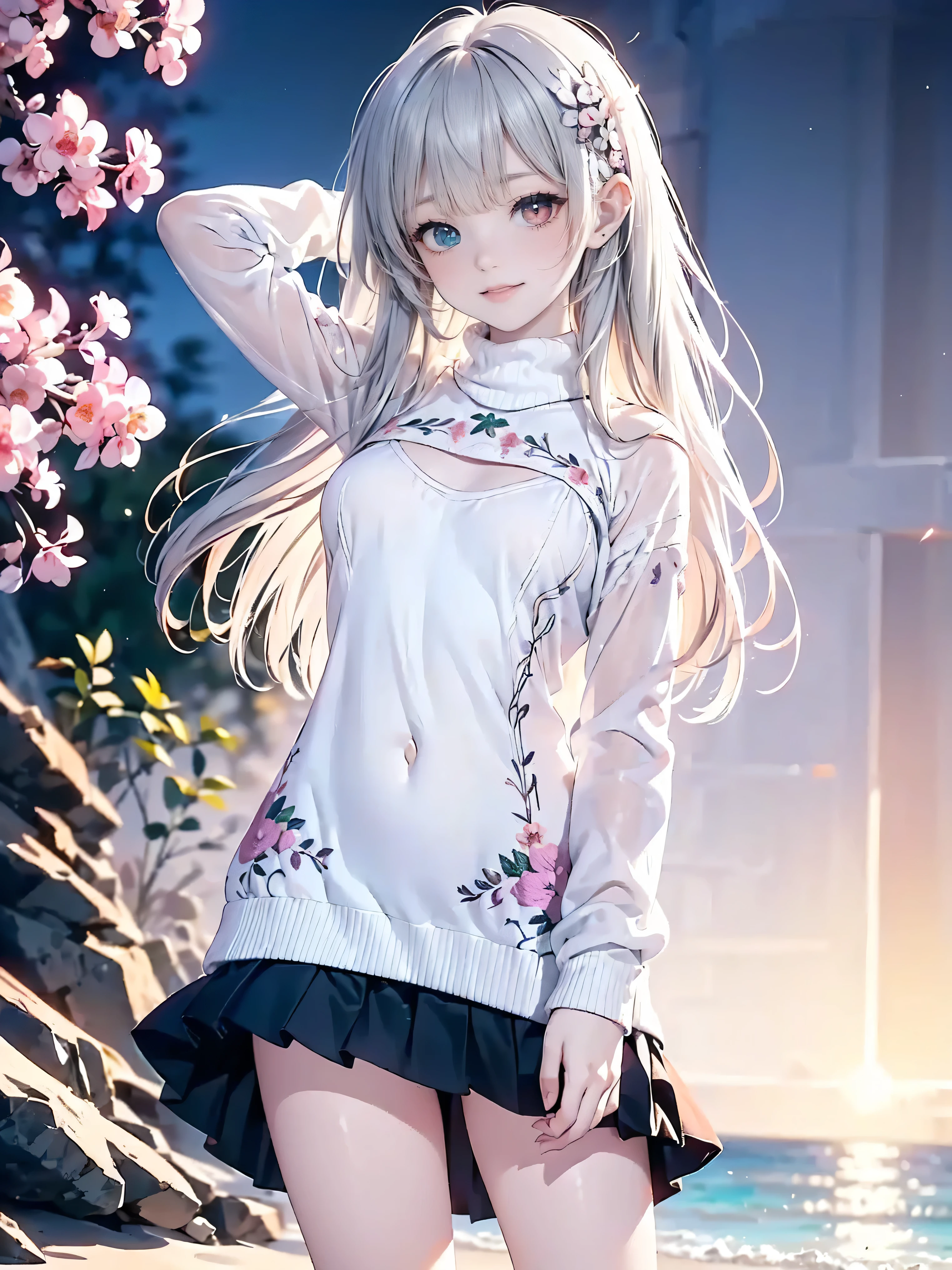 Best quality, 8K, Best quality, ((High school girl with odd eyes)), ((Heterochromia, red eyes, green eyes)), ((Sparkling and delicate eyes)), ((Very precise eyes)), (Long hair a mix of platinum and purple)), Princess cut, ((Translucent white skin)), Shining skin, Very white skin, ((Very small breasts)), ((Anatomically correct)), ((Detailed depiction down to the fingertips)), ((Standing on the beach wearing a wool sweater with floral embroidery and one hand behind her head)), Crimson pleated skirt, ((The sun can be seen rising behind her)), Beautiful beach scene, Smiling face, Very beautiful, Warm sunlight