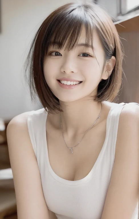 top-quality,masterpiece,Raw photography,8K,Top image quality,hight resolution, 18 years old Japanese female idol ,Beautuful Women,cute Japanese girls, Pretty Woman ,Beautiful face in every detail, ,small head, seductive smile ,Realistic human skin, pale skin ,cut model , Short hair ,bowl cut ,skinny body , t-shirts,low rise pants, constriction, face focus , back focus, leaning forward ,arched back, from above ,from behind,looking back,selfie ,