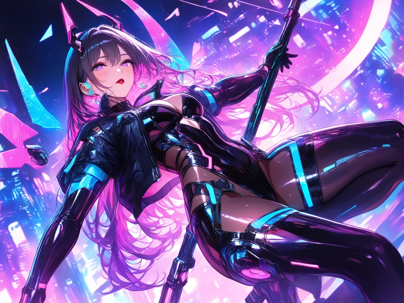 (ultra detailed background, detailed background), absurd, highres, ultra detailed, extremely detailed, 1girl, (nsfw: 1.5), (zentangle: 1.2), (geometric: 1.2), (colorful), (1girl), (sexy girl), alone, (((face and eyes detailed))),((pink eyes)),((long straight loose hair)),((light purple hair)),galactic girl, galaxy, planets, starry sky, space, stars, stars ,((technological boots)),((fluorescent clothing, neon color )),((red sword)), 8k, high quality, full HD,