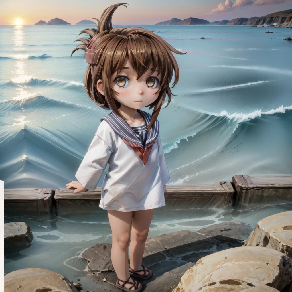 small child outdoors，portrait of a full body，5years old，((paper airplane))，happily laughing，mini cute toddler、Taken from the side、Strong bokeh、sand beach