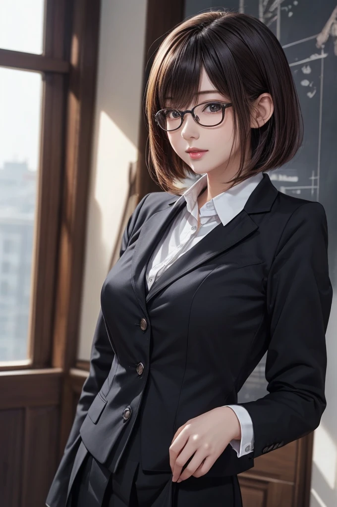 (masterpiece), best quality, expressive eyes, perfect face, ((glasses)), business suit, 64k, HD, big breasts, photorealistic, ultrarealistic, Canon EOS R6, 85mm, 1/200s, f/5.6, ISO 200, nice hands, perfect hands, cinematic, in class room, <lora:epiCRealismHelper:1>, photorealistsic, cinematic lighting, Volumptous, 30yo