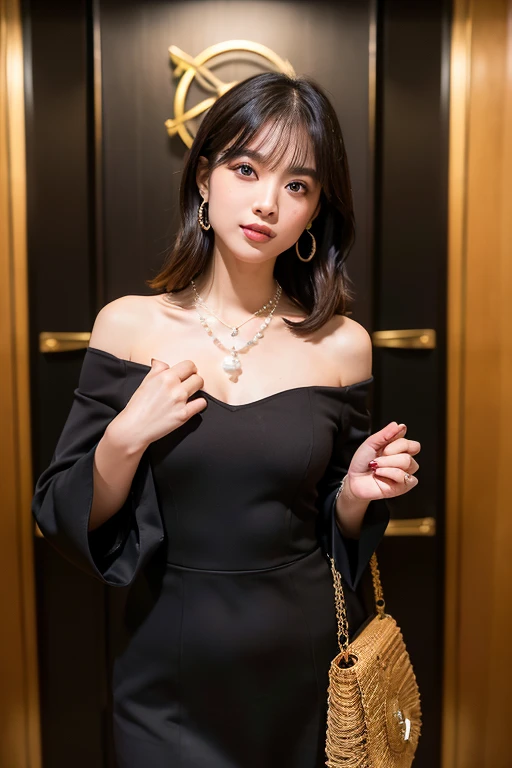 (1girl), Masterpiece, Best Quality, Ultra-realistic capture, Highly detailed, High resolution 16k, cute girl, natural white skin, (((natural saggy big :0.6, Height is 145cm, round face, black hair, ponytail, dark brown eyes, thin lips, thin eyebrows))), Today is an off day, attend a dinner party, wearing a shiny black velvet dress, dress is off shoulder