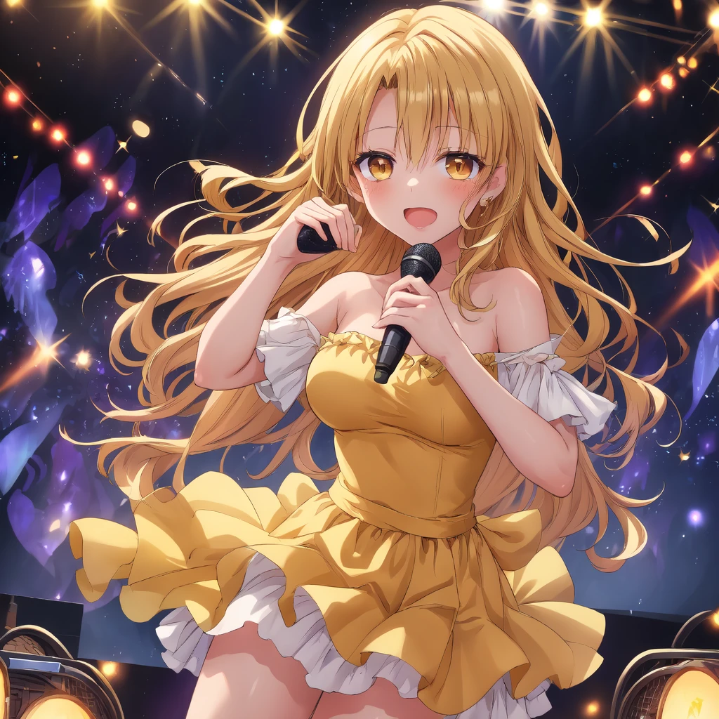 whole body, Dancing, Dynamic pose, Dynamic Angle, girl, 20-year-old, Long Hair, Light brown hair, Curly Hair, Happy, smile, Big bright blue eyes, Large Breasts, Idol Costumes, Midliftp, mini skirt, on stage, Absurd, Very detailed, masterpiece, high quality, wallpaper 8k CG