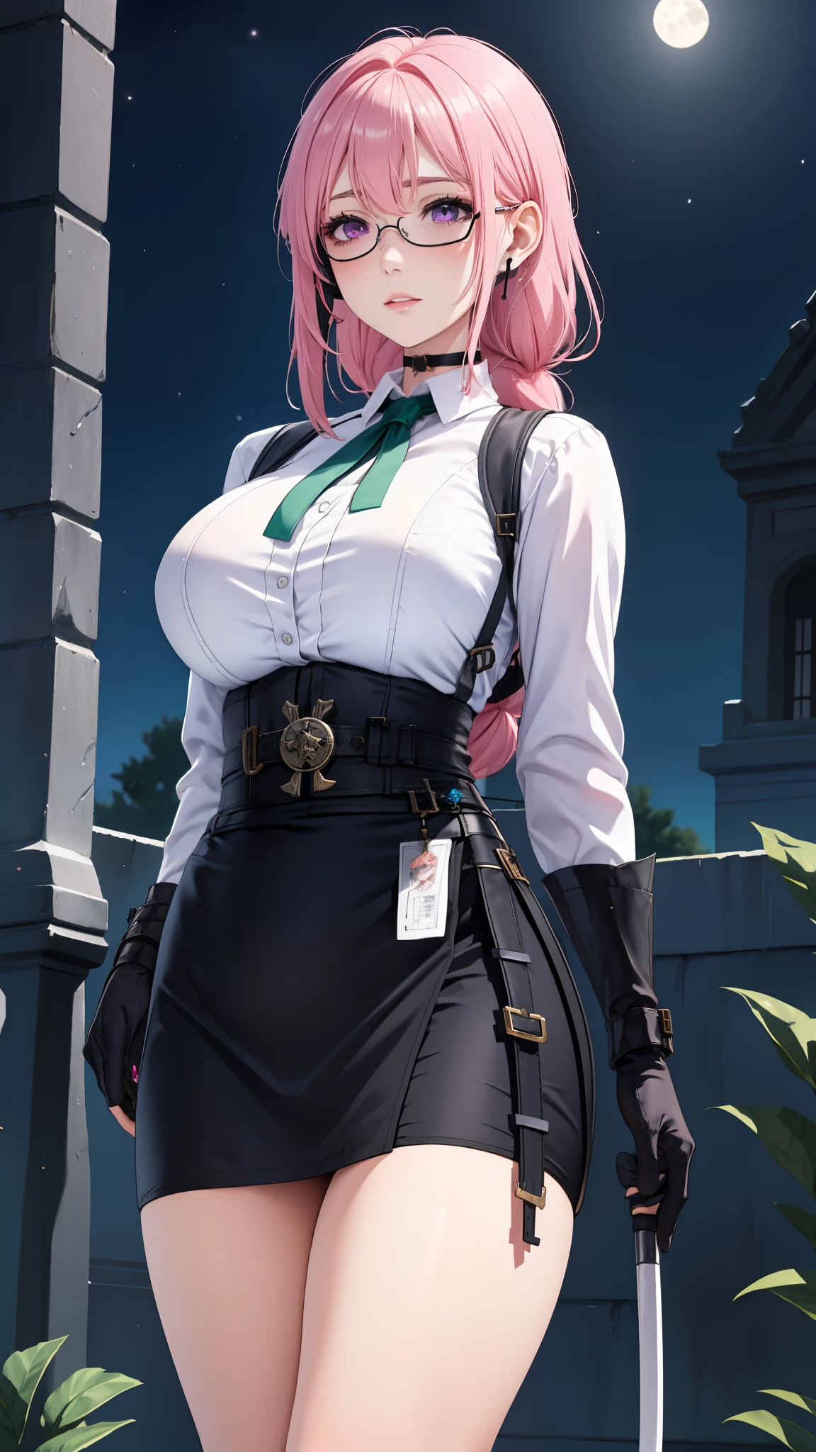 bright clothes, a girl, (Yanagi Tsukishiro ), Alone, Standing, front view, looking at the spectator , long braided hair pink, beautiful eyes , detailed eyes , purple eyes shirt, huge breasts, sensual lips, ((simple samurai armour shoulder pad)) , ((earpiece for the right ear)), harness, glasses, choker :1.6, black gloves, ((bright high waist mini skirt)), ((White shirt with collar)), ((dark green neck strap)), shy expression , , biblioteca antigua Gothic style, Gothic style, at night