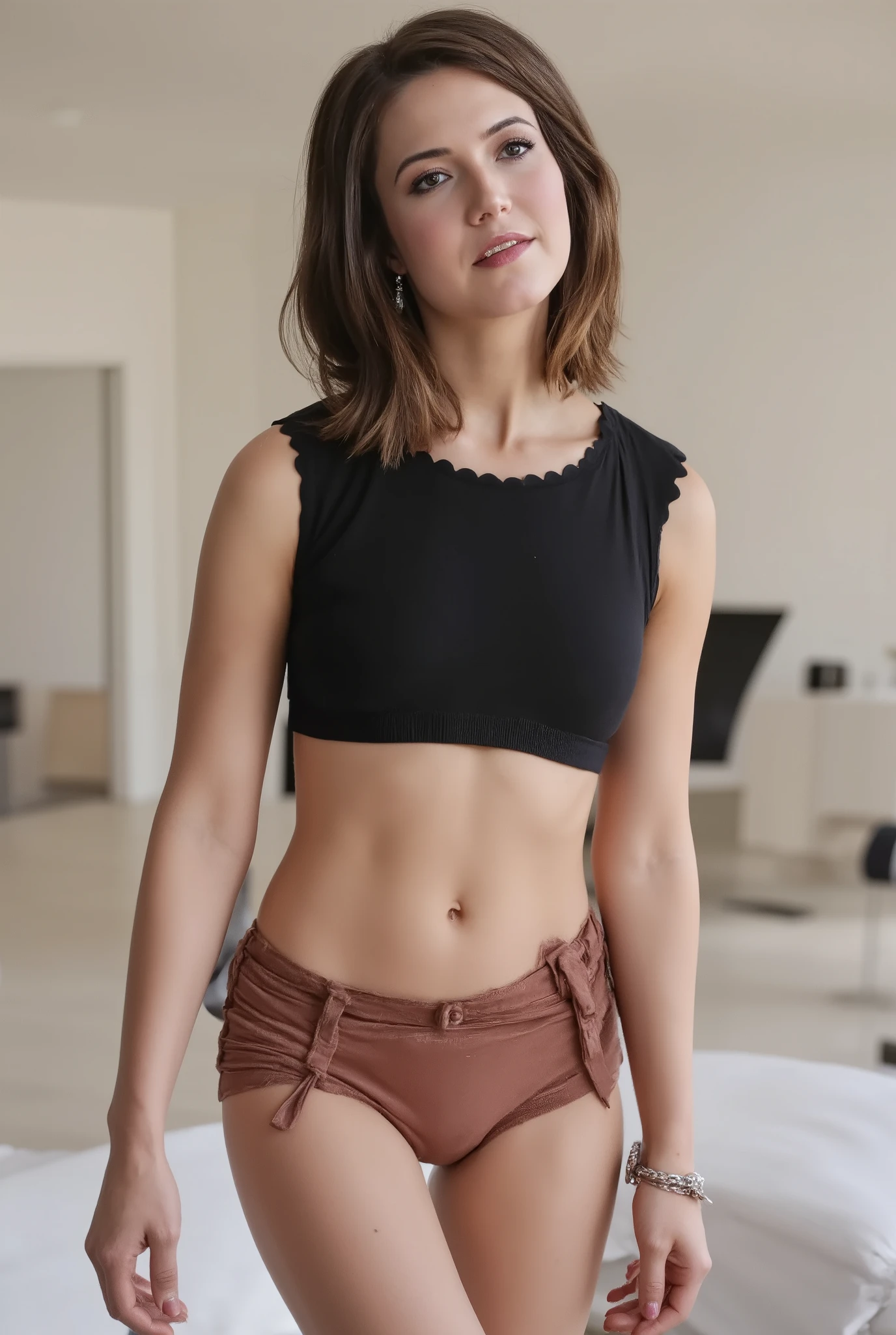 Photo from the side of a beautiful girl, super hot yoga pants, white stockings, schwarze Ellbogenhandschuhe, wears cat ears, Halsband mit Kette, choker, Hands behind the back, liegt auf dem Bett, sehr langes unordentliches Haar, very slim muscular body, ripped sehr definierte Bauchmuskeln, Hard ripped abs, schaut in die Kamera, sweet smile, shallow depth of field, super sexy, seductive, atemberaubend, lasziv