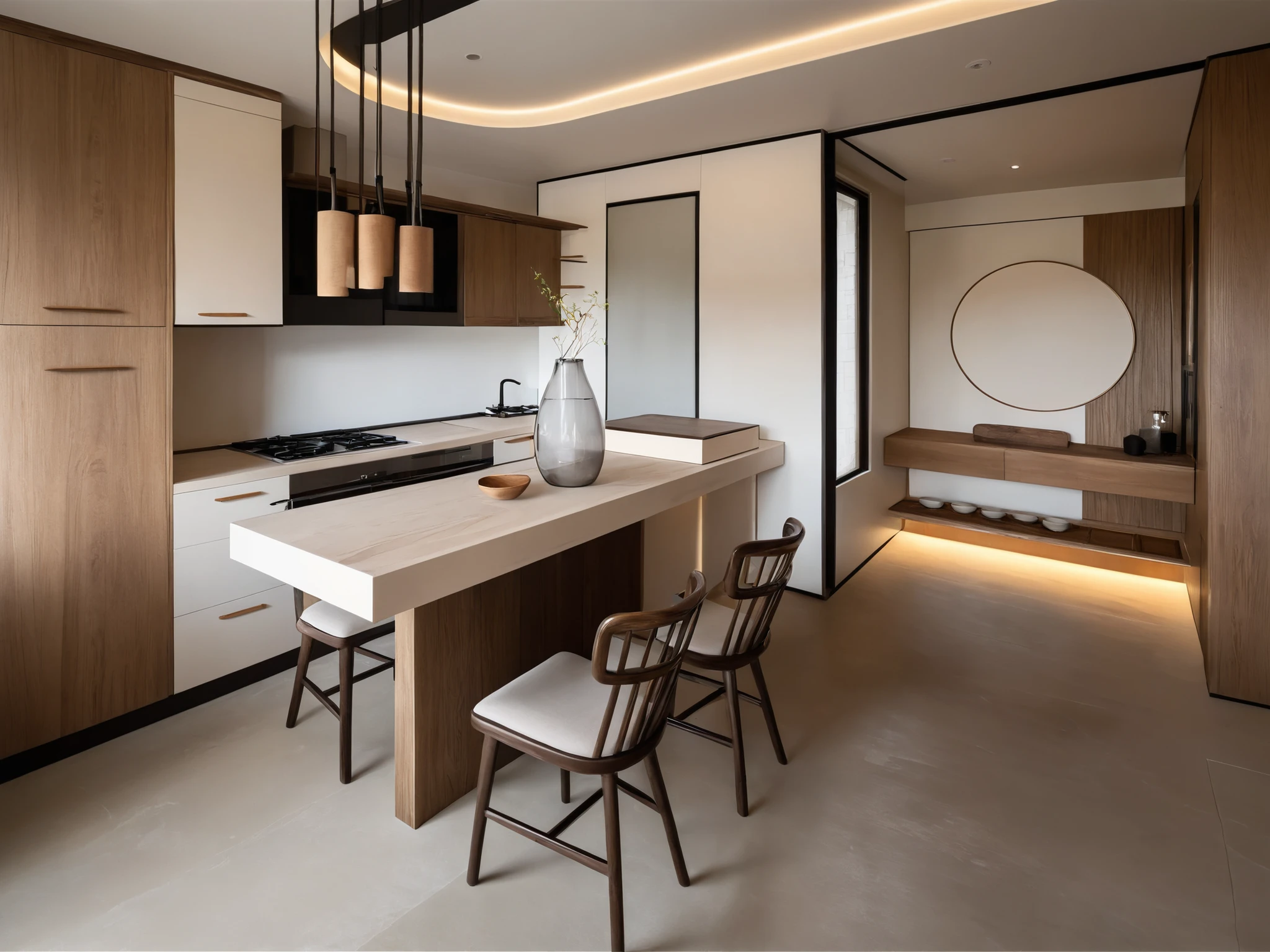 modern kitchen, wabi-sabi style kitchen, soft lighting, modern minimalist bedroom interior with soft lighting, warm and inviting, featuring a luxurious table with , sleek wooden cabinets and a few carefully arranged decorations, expressed in exquisite high-quality details with soft shadows and soft textures.,