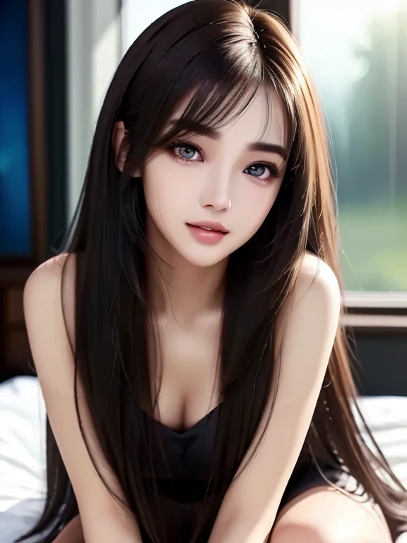 pureerosface_v1， best qualtiy， realisticlying， 8k， A high resolution， 1girll， woman， （dent in the skin）， （sportrait：0.6）， opulent， dynamicposes， （（poolsidebackground：1.6））， coconut palms， （（mediumsize roundbreast，Red skirt：1.4，black lence stockings））， head straight-looking at viewer：1.8， （1 girl looks at the audience with eyes， medium lenght hair， A brown-haired， Separate bangs：1.65）， （bokeh）， ssmile：1.2， （Keep one's mouth shut：1.16），