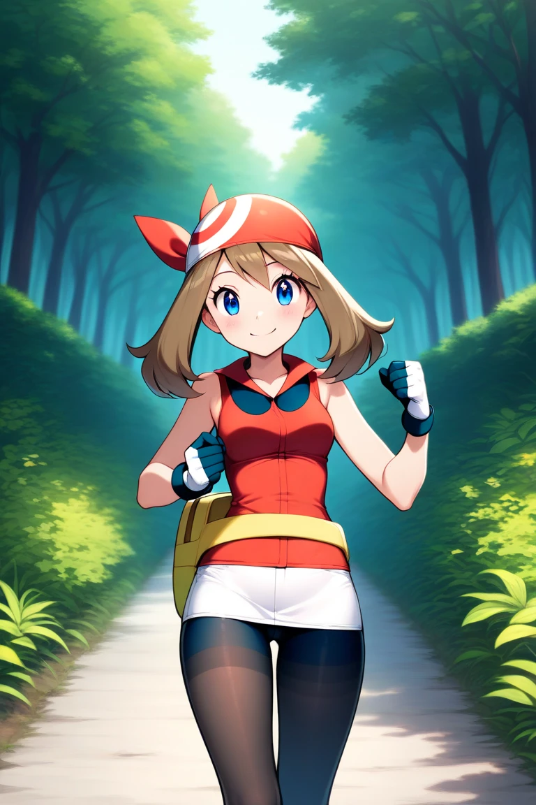 Pokemon May, pokemon, Monster girl quest, gloves, red top, brown hair, microskirt, bicycle shorts, seductive mature smile, smug, blue eyes, (wink), (female half open eyes), blush, 1boy, 1girl, larger female, large female, front view, (pov), forest background, ((handjob)), rubbing penis, penis in hand, foreskin, retracted foreskin, cumming, looking at eachother, looking at boy, (squeezing penis), penis between hands, squeezing penis, pulling down foreskin, (large breasts), (female on knees), boy being pinned down by larger female, pinning down boy, (low angle), (((health bar))), tight handjob, ((penis in hand))