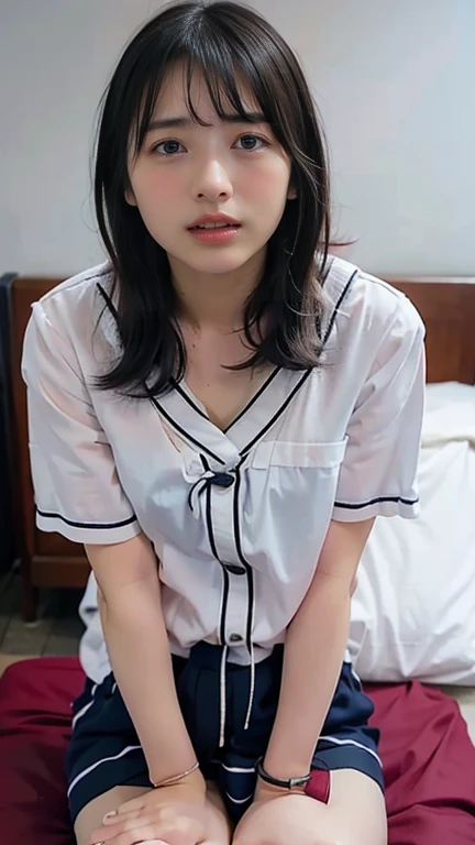 /*Quality writing*/ of the highest quality, 16 K, masutepiece, hyperdetailed face, very detailed lips, Detailed eyes, Realistic pupils, BREAK, /*Characters and expressions*/ Extremely beautiful girl, japanaese girl, 1 girl, Beautiful elementary school students in Japan、 (short-hair: 1.2), ((weeping)), tearful, (Slimed、small tit、flat boobs、small tit)、Photorealsitic、detaileds, Skin Texture, ultra-detailliert、Delicate and sexy collarbone、Super Detailed Face、Detailed lips、A detailed eye、二重まぶた、a baby face、(((8 years old girl)))、 BREAK /*garments*/ (Cute school uniforms for girls:1.5), Destroy the transparent white panties /*the pose*/ nice hand, Perfect hand breaking /*Angular posture*/ ((Lift the skirt, Lift the skirt yourself)), White panties, /*エロ*/ Open your clothes, (Show ), ((Very detailed )), BREAK /*Angular posture*/ ((Infirmary), (a bed), Looking at Viewer