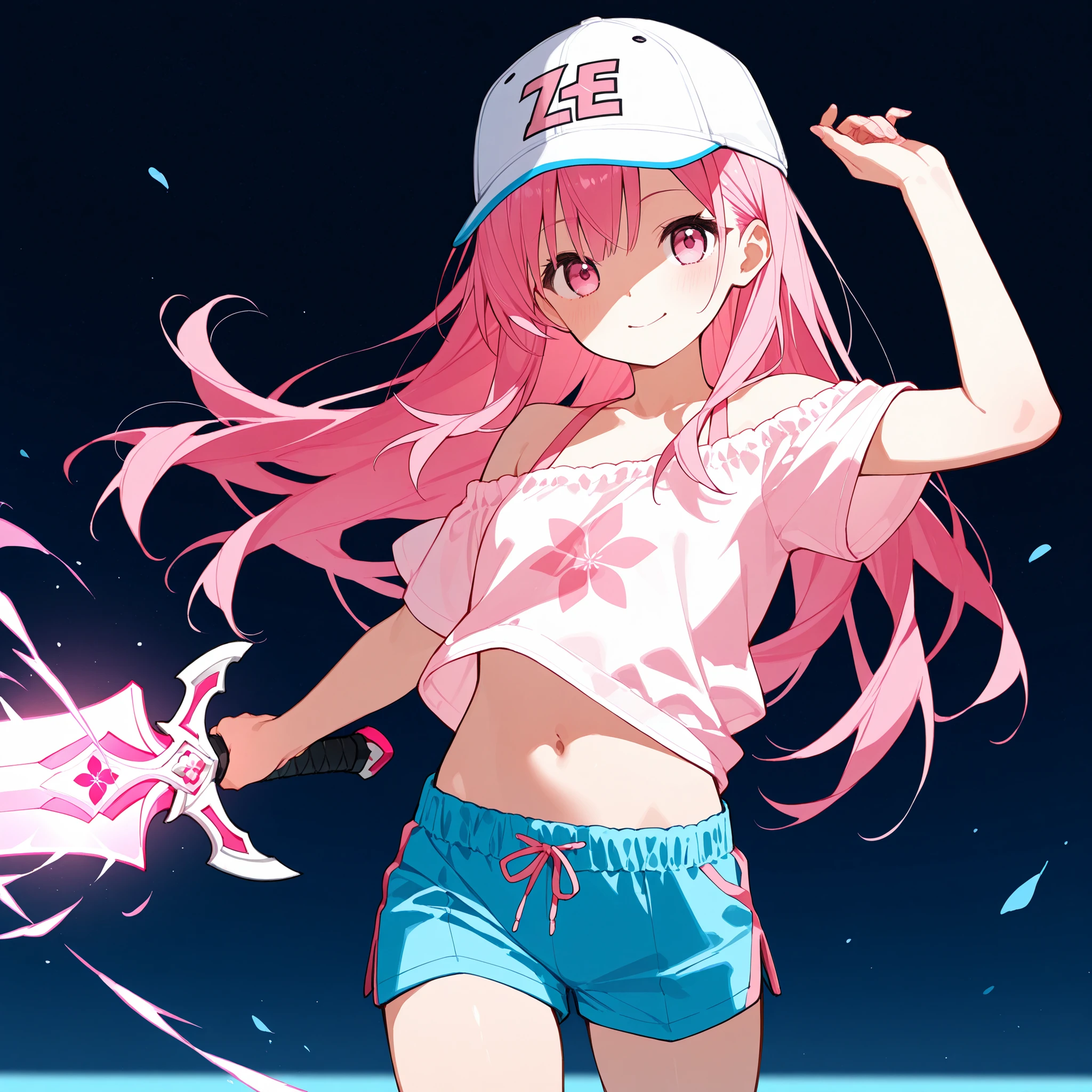 pink hair on a circle、long hair、pink eyes、white and pink volleyball pattern hat、adults、Hang your hands on a hat、white and pink off-the-shoulder clothes、angled bottom configuration、Clothes with a navel、shorts、Good style、style、Excellent combat、During combat、knife、knifeで敵を切る、圧倒的strong感、strong、Magic Sword