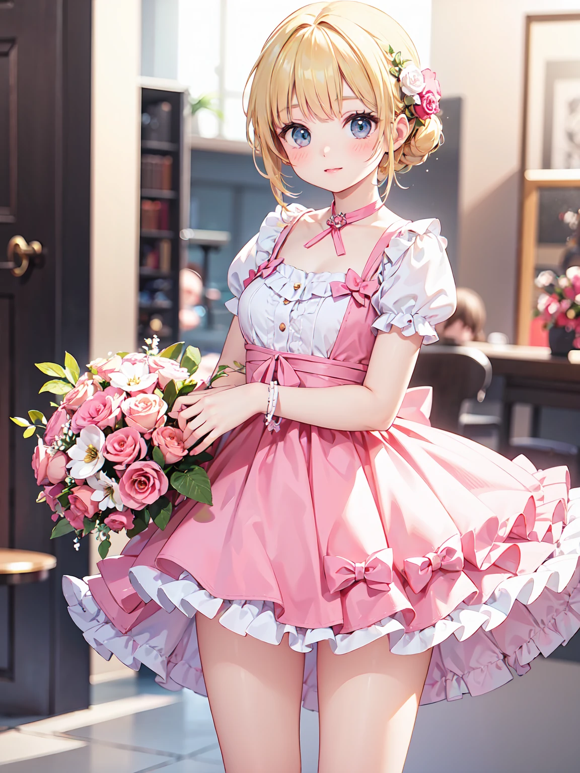 a stylish blonde girl, pink-themed outfit with a floral flared mini skirt, thigh-up framing, holding a bouquet, romantic bokeh background, ultra-realistic fashion photo style, pastel dream aesthetic
