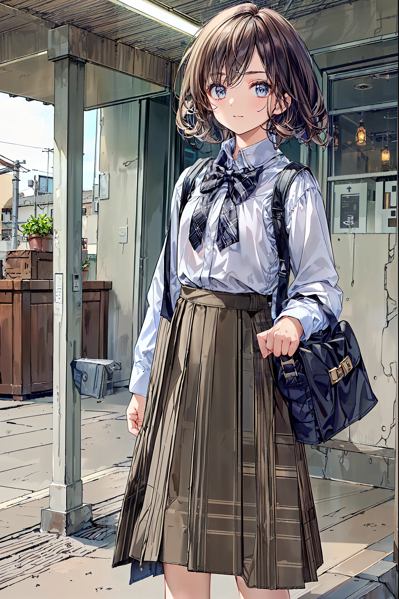 software:1.6), (masterpiece, Best Quality, wonderful、very real, high resolution:1.3), one girl, alone, Japanese, , (expensive:1.3), break (black short bob on the floor with both hands, straight hair :1.4), bungs, (language:2.1), (Hair above left eye:1.9), (Extremely Light Eyes :1.7), (Thick eyebrows:1.4), closed his mouth, (Overlooking a light smile:1.2), (:1.4), (Flat chest:1.7), break , (check bow :1.5), (round collar dress shirt:1.6), (plaid midi skirt:1.7), black socks, Brown rofers break from below, standing, carry-a-backpack, It doesn't seem to move, train station platform, sunlight, blue sky,
information