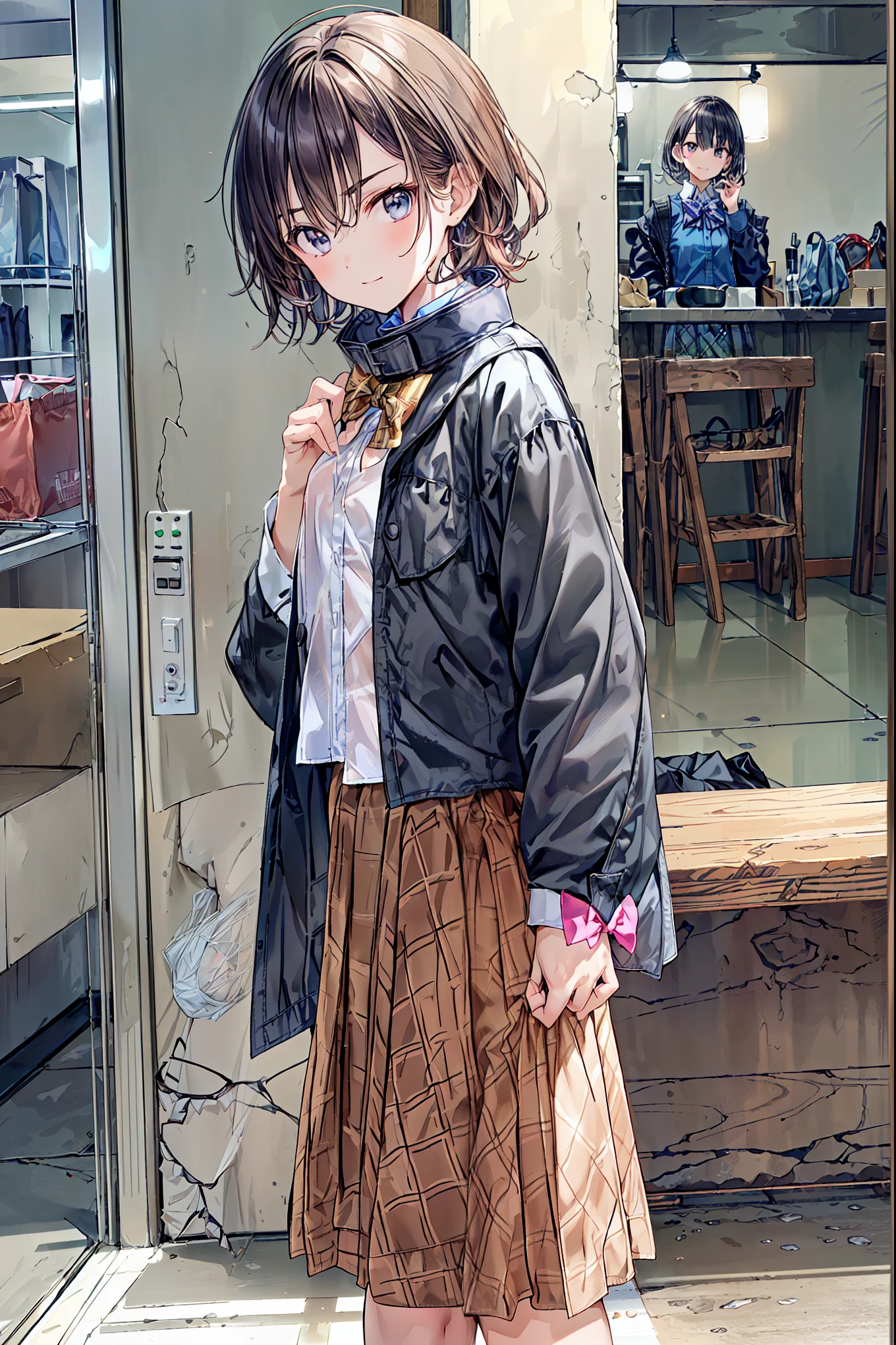 software:1.6), (masterpiece, Best Quality, wonderful、very real, high resolution:1.3), one girl, alone, Japanese, , (expensive:1.3), break (black short bob on the floor with both hands, straight hair :1.4), bungs, (language:2.1), (Hair above left eye:1.9), (Extremely Light Eyes :1.7), (Thick eyebrows:1.4), closed his mouth, (Overlooking a light smile:1.2), (:1.4), (Flat chest:1.7), break , (check bow :1.5), (round collar dress shirt:1.6), (plaid midi skirt:1.7), black socks, Brown rofers break from below, standing, carry-a-backpack, It doesn't seem to move, train station platform, sunlight, blue sky,
information