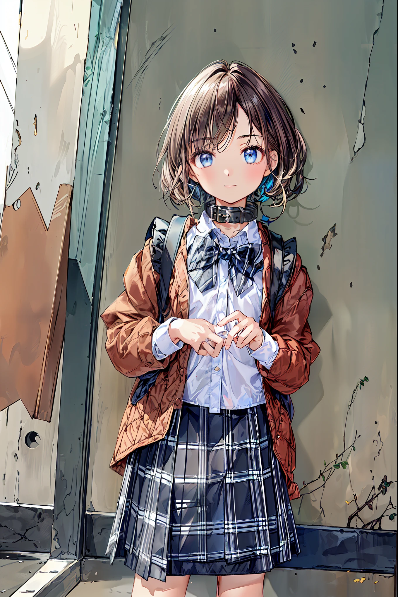 software:1.6), (masterpiece, Best Quality, wonderful、very real, high resolution:1.3), one girl, alone, Japanese, , (expensive:1.3), break (black short bob on the floor with both hands, straight hair :1.4), bungs, (language:2.1), (Hair above left eye:1.9), (Extremely Light Eyes :1.7), (Thick eyebrows:1.4), closed his mouth, (Overlooking a light smile:1.2), (:1.4), (Flat chest:1.7), break , (check bow :1.5), (round collar dress shirt:1.6), (plaid midi skirt:1.7), black socks, Brown rofers break from below, standing, carry-a-backpack, It doesn't seem to move, train station platform, sunlight, blue sky,
information