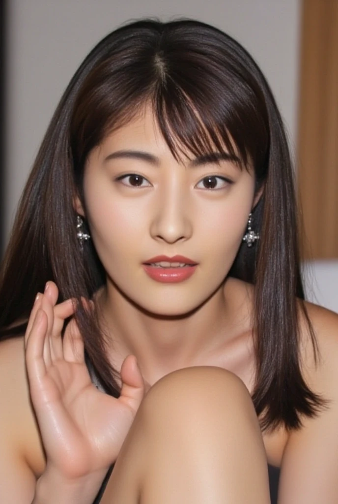 ((Highest quality, 8K, Portrait Photography: 1.3)), (Viewer Display), Photorealism, Sharp focus, alone, beauty products,Medium Long Hair,Pearl Necklace、Pearl Earrings、 Accentuate your breasts, ((((Photograph the upper body)))),(V-neck sleeveless knit dress),30 years old、Floral Background