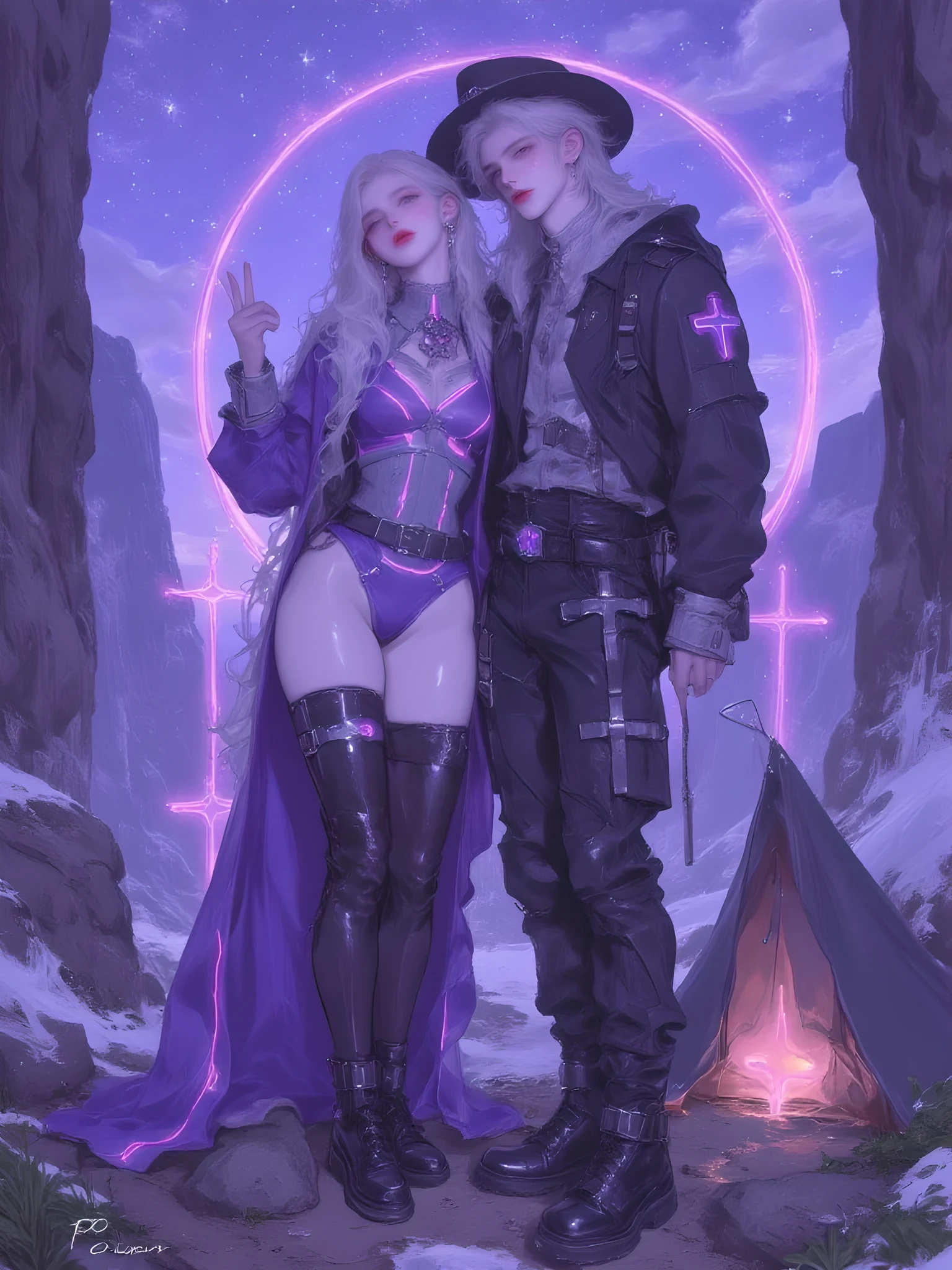 Couple
young woman, petite and slender build, fair skin with a subtle purple-blue glow, long glowing purple wavy hair, deep gray eyes with a purple shimmer, rebellious and playful expression, cheeky smirk, confident and mischievous, cute yet fierce, slightly tilted head, winking at the camera, futuristic purple-black tactical suit, tight-fitting design, silver star-shaped hairpins, glowing neon purple belt, high-tech black combat boots with purple accents, cyberpunk aesthetic, glowing skull-shaped hair accessory on the side
A men,tall and lean build, pale skin with shimmering starlight particles, long straight silver hair with a soft glow, starlight blue eyes, ethereal and otherworldly beauty,gentle and serene smile, mysterious and protective aura, calm and composed, soft gaze looking at the female character, otherworldly charm,black leather jacket with glowing purple neon lines, silver belt with star-shaped glowing accents, dark fitted pants, futuristic black hat with a slight tilt, flowing starlight cape with a faint glow, cyberpunk
standing close together, female character leaning slightly against the male character, male character with one arm around the female character's shoulder, both facing the camera, female character winking with a peace sign, male character smiling gently, glowing starlight effects around them
starry night in a canyon, purple-blue starlight sky with twinkling stars, glowing starlight barrier in the background, neon-lit tent nearby, cyberpunk aesthetic,cyberpunk lighting, glowing neon effects, detailed celestial background, vibrant colors, soft starlight glow
masterpiece, best quality, ultra-detailed, hyper-realistic, 4k resolution, sharp details