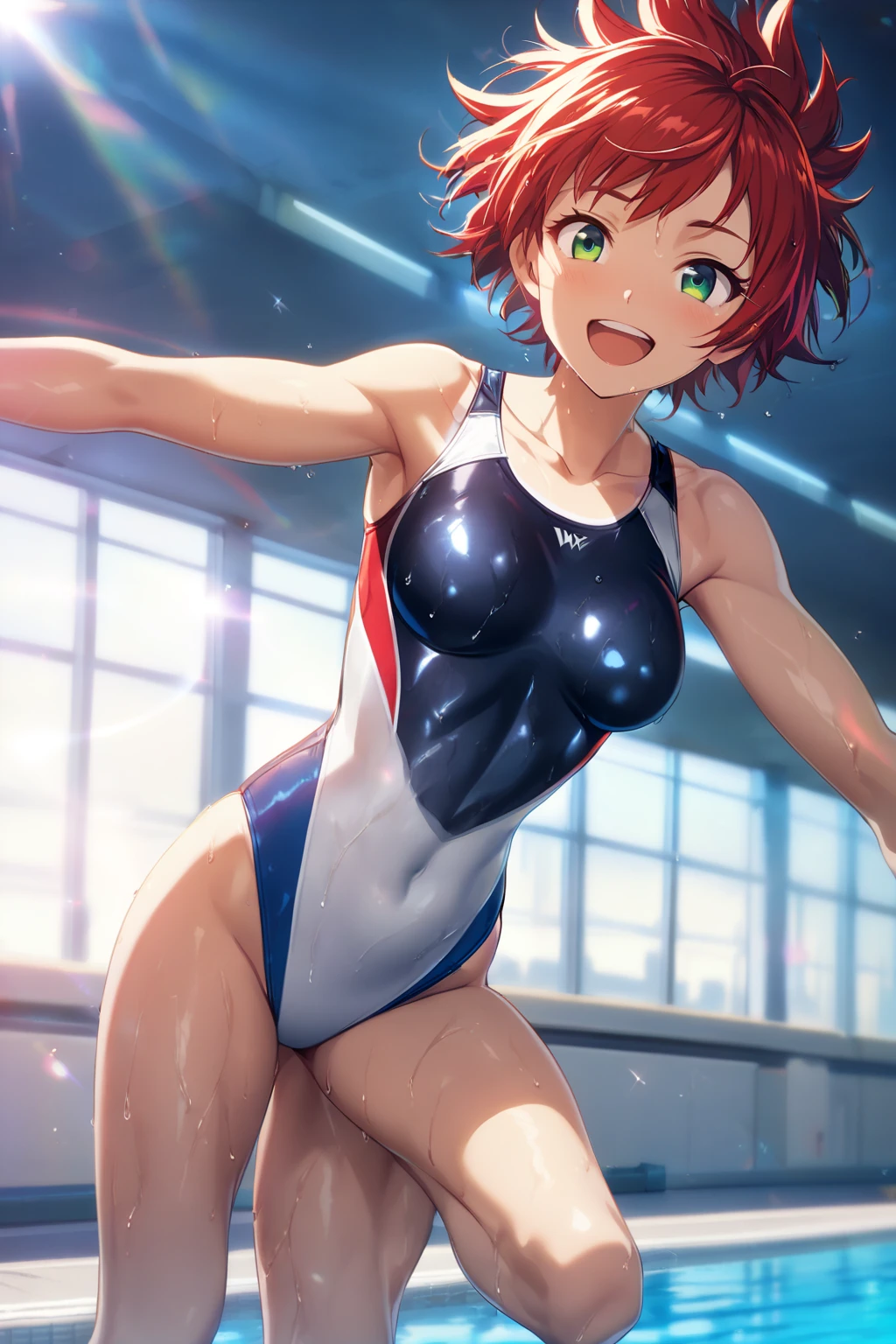 (masterpiece:1.2, top-quality), (realistic, photorealistic:1.4), beautiful illustration, (natural side lighting, movie lighting),
looking at viewer, 1 girl, japanese, junior high school girl, 16 years old, gymnast, perfect face, cute and symmetrical face, shiny skin, babyface,
(middle hair:1.5, high ponytail:1.2, blond hair), hair between eyes, brown eyes, (middle breasts, seductive thighs, big ass), nipple hardening,
beautiful hair, beautiful face, beautiful detailed eyes, beautiful clavicle, beautiful body, beautiful chest, beautiful thigh, beautiful legs, beautiful fingers,
((brightly colored leotard, gymnastics highleg leotard)),
(beautiful scenery), evening, (gymnastics stadium), (during gymnastics competitions), sweating, (guts pose with right hand:1.2), (lovly smile, upper eyes, open mouth),