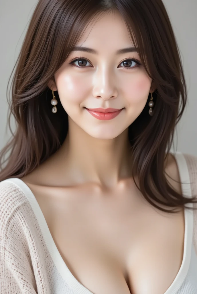 (highest quality、Tabletop、8k、Best image quality、Award-winning works)、One girl、elegantVNeck long sleeve blouse、Cleavage、A smile looking at me、Accurate anatomy、Pure white background、Close-up of face、Portrait Photo、standing elegantly、Upper body photo、Glowing Skin、Looking up at me with eyes