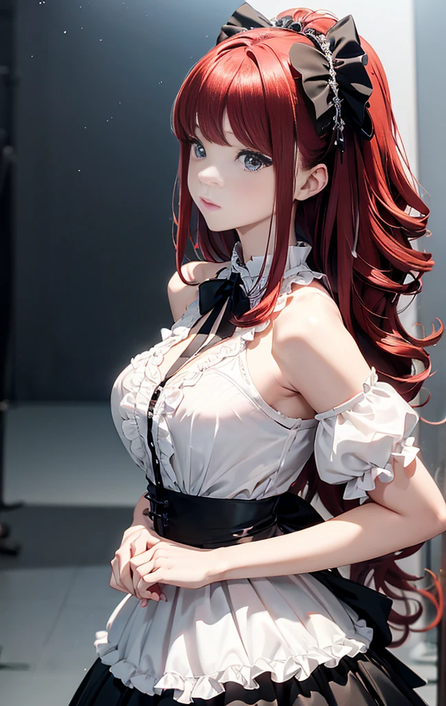 "anime girl, 1 person, bright red hair, shoulder length hair, dark red eyes, small hat, red hat with gold trim, maid, maid outfit, lolita,big breasts,black pants stockings, crossed legs, smiling  smiling, solo, front view (full HD 4K+ photo)"