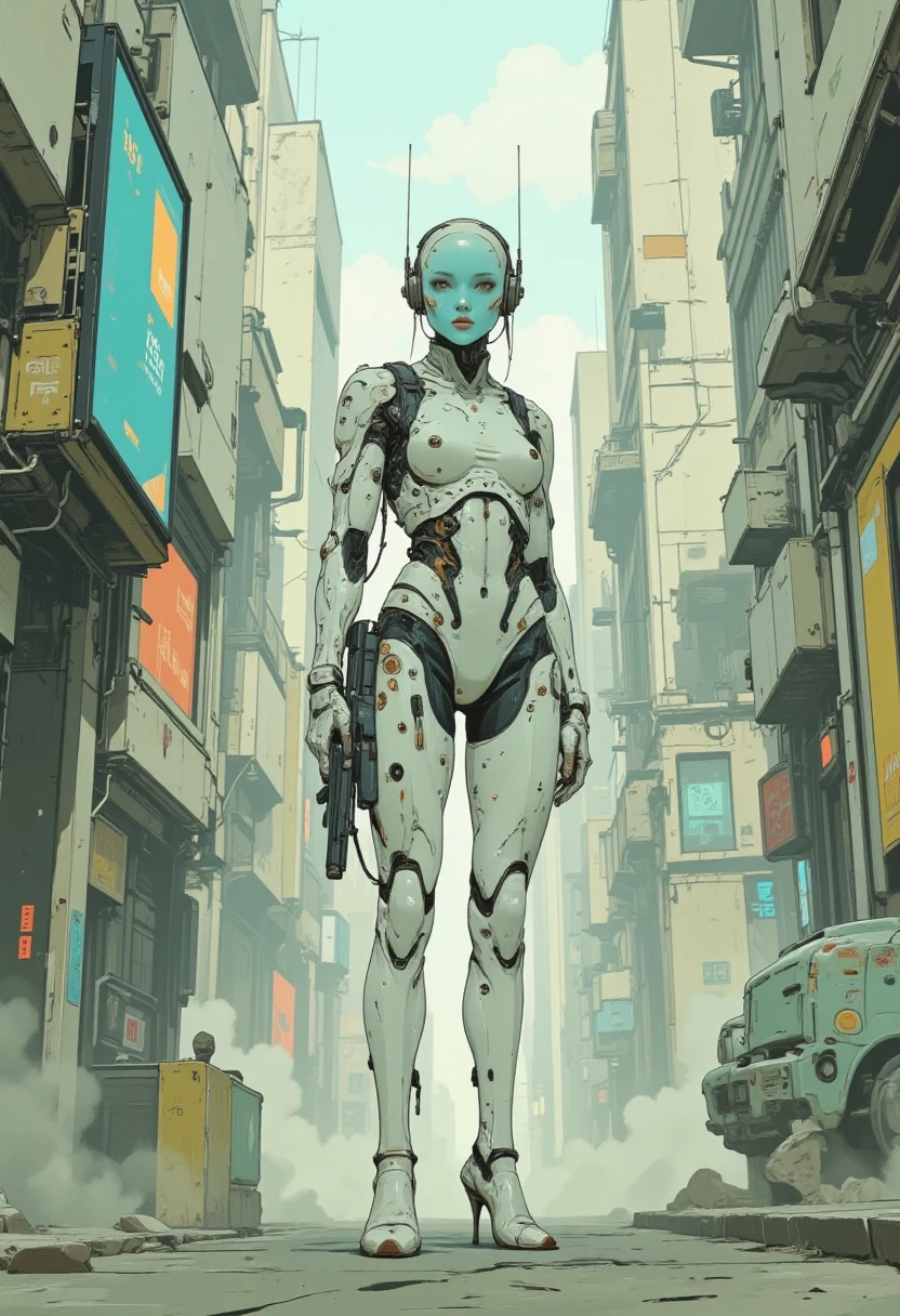 A futuristic figure in armor stands in the middle of a complex ...