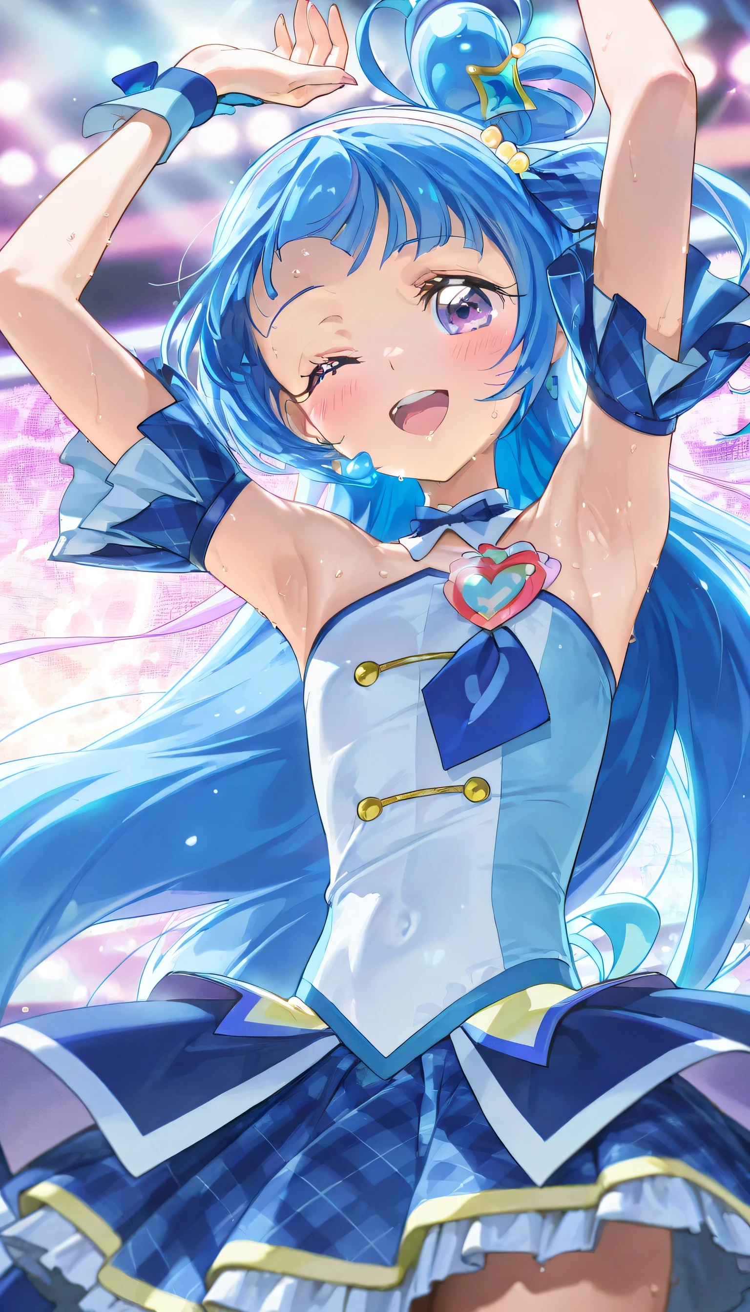 (masterpiece, finely detailed beautiful eyes: 1.2), ultra-detailed, ultra high res, professional lighting, high quality makeup, beautiful detailed eyes, Extremely cute, (extremely detailed beautiful face), (Authentic skin texture:1.4), very aesthetic, latest, scenery (delicate), Volumetric Lighting, depth of coverage, shiny skin, (dynamic angle for women, front view), (light blue idol costume, cure wink, kimi to idol precure:1.2), (1 ultra super extremely cute junior high school student girl), (flat chest:1.1), drooping eyes, (blush:1.3), (sweat), happy, wink, open mouth, (slender body, slender stomach:1.1), long volume hair, erect nipples, groin focus, armpit focus