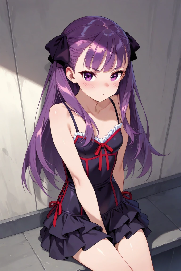 (masterpiece, best quality:1.2), high res, 8k, ai hoshino, hair between eyes, hair ornament, hair ribbon, long hair, one side up, (purple eyes:1.1), purple hair, rabbit hair ornament, star-shaped pupils, symbol-shaped pupils, six-pointed star-shaped pupils, belt, black belt, brooch, dress, pink dress, frilled dress, frilled gloves, frills, gloves, heart brooch, idol, idol clothes, jewelry, pink gloves, red ribbon, ribbon, turtleneck dress, sitting, look at the viewer, from below