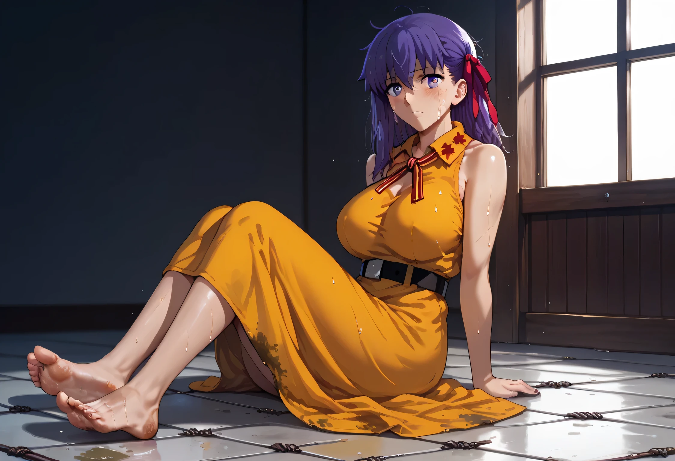 Sakura Matou, fate stay night: heaven's feel, a girl with white skin, big breasts, beautiful body, purple hair (long, loose, and messy hair), purple eyes, (((wearing a short, sleeveless, maximum security inmate yellow dress with the ID number: inmate: M13195 engraved on the chest))), ((maximum security prison recreation yard with large walls with barbed wire and watchtowers in a dirty and old state, and with an unpaved floor))), (((sitting on the floor facing forward with her legs stretched forward, raised and apart, focusing on her feet and the soles and toes))), (full body), (barefoot), (resigned mood), (tense and hot atmosphere), sunny day, (heat), ((dirty)), ((sweating)), (gloomy and depressing place)