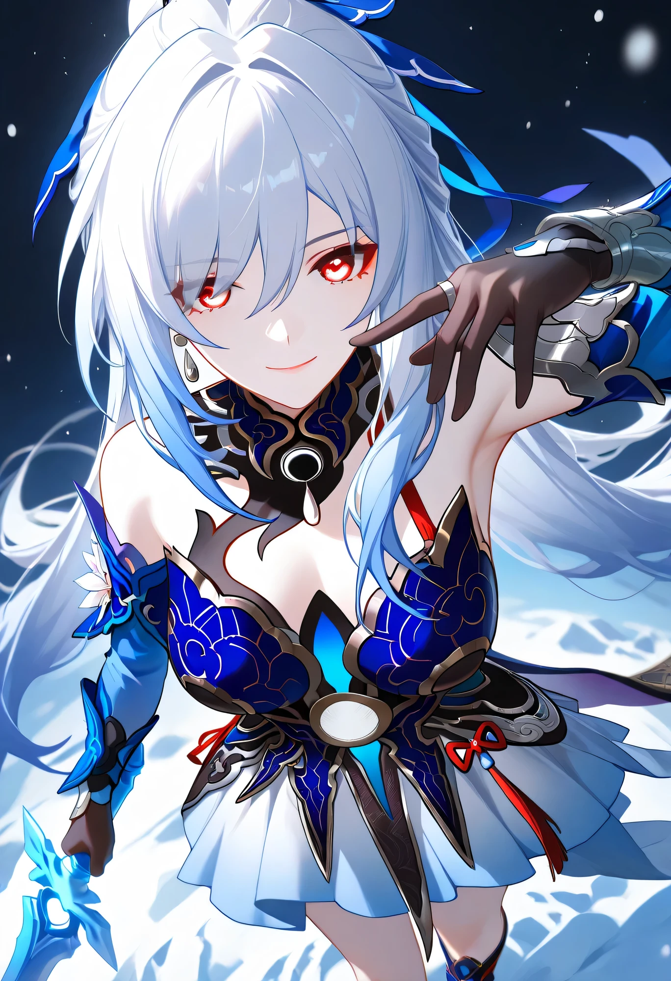 score_10,score_9,score_8_up,score_7_up, masterpiece, best quality, lighting, pale skin, detail eyes, ferpect eyes, 1girl, solo, Long hair, breasts, looking at viewer, closed mouth, Red eyes, singel sleeves medium breasts, (Standing:1.3), ,white hair, smile, freestyle posse ,Jingliu honkai star rail ,Hand pose random ,Hair Ornament, light particles, glowing sword, moody lighting, snow and ice, abstract background, light particle, depth of field, dynamic viewing angle, dark theme, glow, contrast, Close up, From Above, Armpit