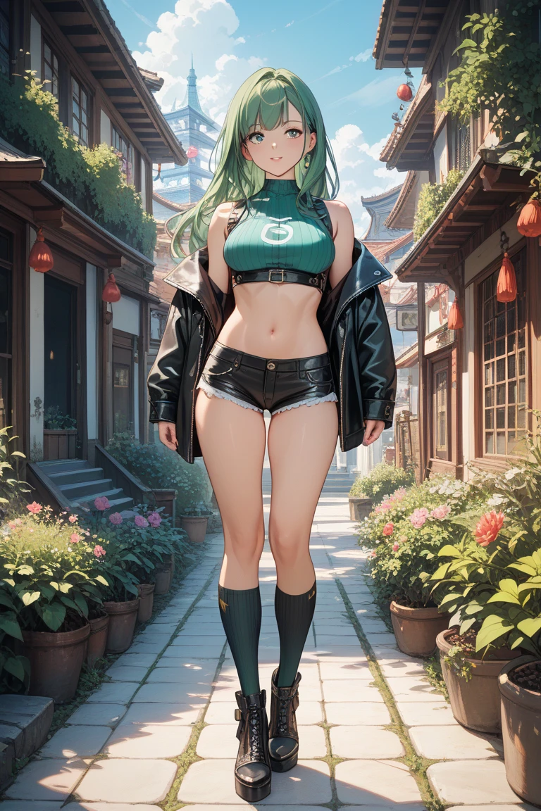 Masterpiece, top quality, Iori Fuyusaka 1, 1 girl, solo, (transparent bodysuit), hair flowers, hair ornaments, (exposed shoulders and thighs)), exposed abdomen, plump body, long high ponytail hair, full body, green hair, long boots, gray eyes, looking at the viewer, very detailed urban background, (ulzzang-6500: 0.8)