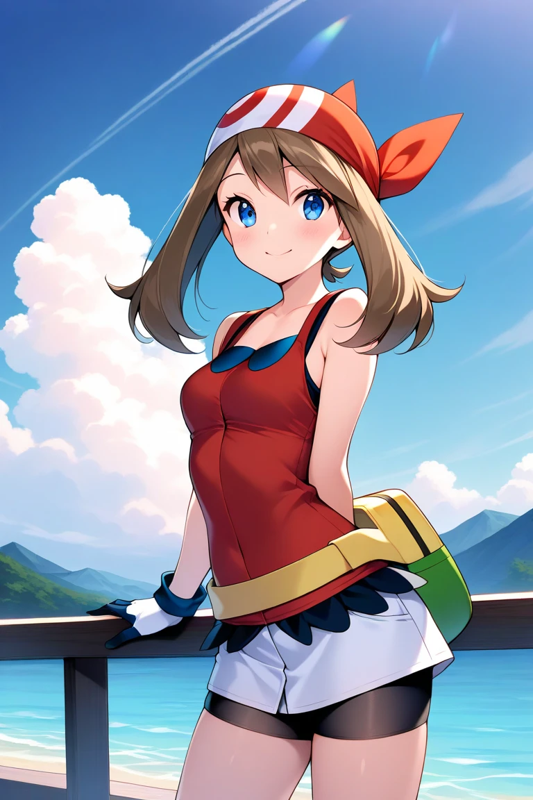 masterpiece,Highest quality,1 Girl,alone,Pokémon-like art style,(bold:1.6),(flat:1.5), may \(pokemon\), red shirt, tank top, headband, bow, white shorts, bike shorts under shorts, smile, sitting, yellow footwear, full body , pkmnmay, blue eyes, brown hair, hair ribbon, red hairband,red tank top, white shorts, black bike shorts, bike shorts under shorts, bracelet, looking at viewer, serious, standing, holding poke ball, outside, mountain, trees, dusk, sunset, high quality, masterpiece,