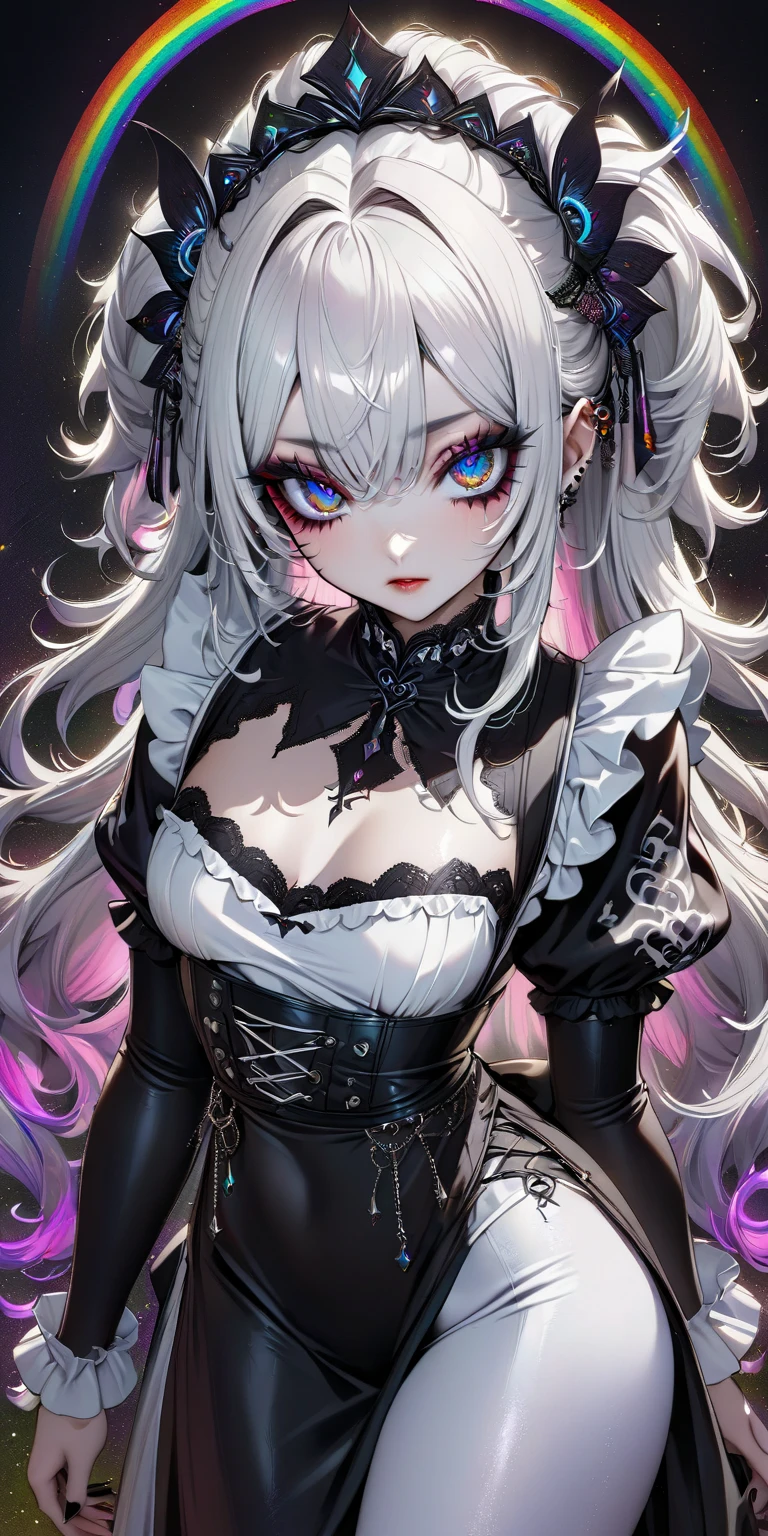(((Top Quality: 1.4))),(Unparalleled Masterpiece), (Ultra High Definition),(Ultra-Realistic 8k CG), 23-year-old gothic punk girl, beautiful Asian woman with White hair in curls and coils) (wearing a White corset, white panties, neck wrists and fingers, ((beautiful big blue eyes looking down at the viewer, black shiny lipstick, perfect Asian goth cyber makeup)) double d breast, detailed cute face, white hair, gothic punk fashion, highly detailed gothic fashion, short skirt, heavy make up,),(dark black lipstick), size, Backlight effect, lens flare, depth of fields, blurry backround,Detailedface,1 girl, Detailed eyes, ,(thigh up shot image :1.5), Black gloves