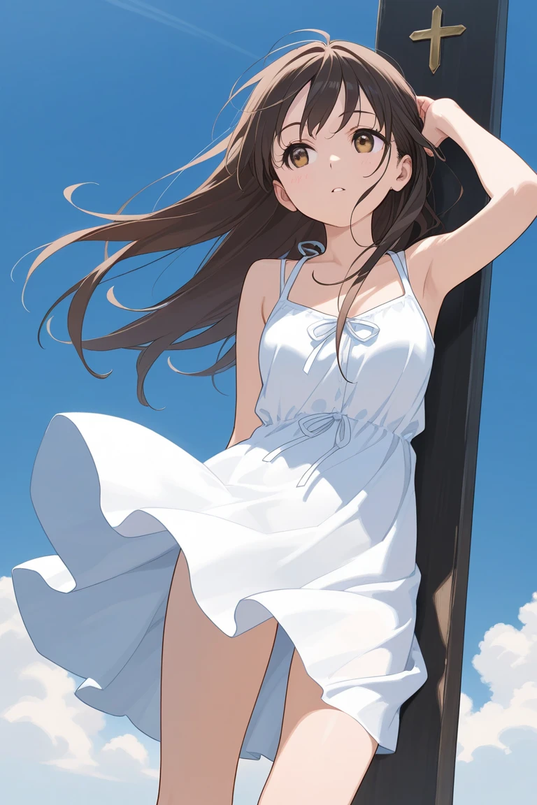 White competitive swimsuit Brown wavy hair Young sister Great style A gentle smile She's wearing nothing but her swimsuit