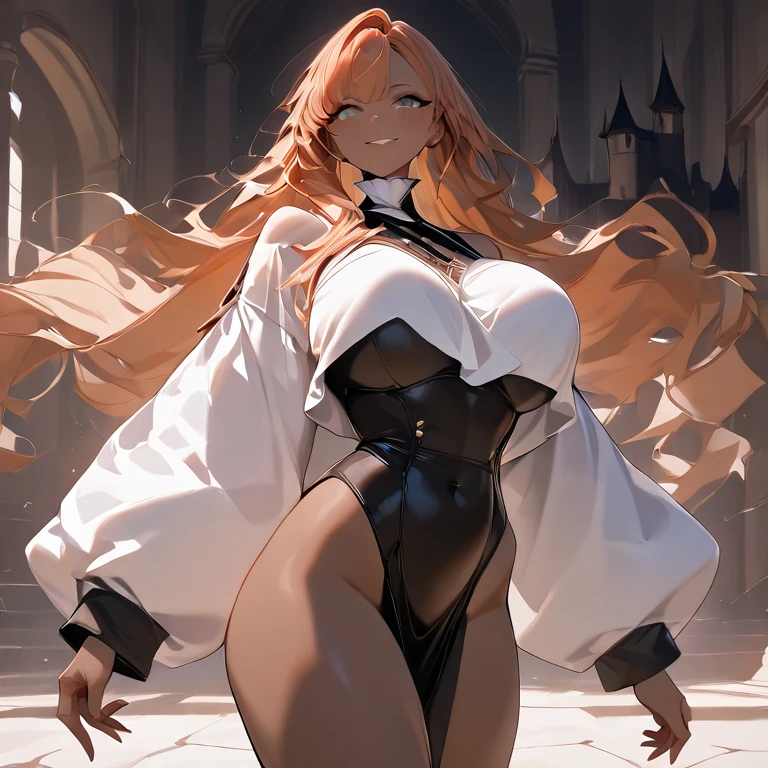 1girl, large breasts, thick thighs, wide hips, smile, dark body, dark skin, yellow eyes, (red hair), red hair, long hair, bodysuit, white bodysuit, cleavage cutout, cutout, underboob cutout, white clothes, pants, smirk, smug, glowing eyes, pantyhose